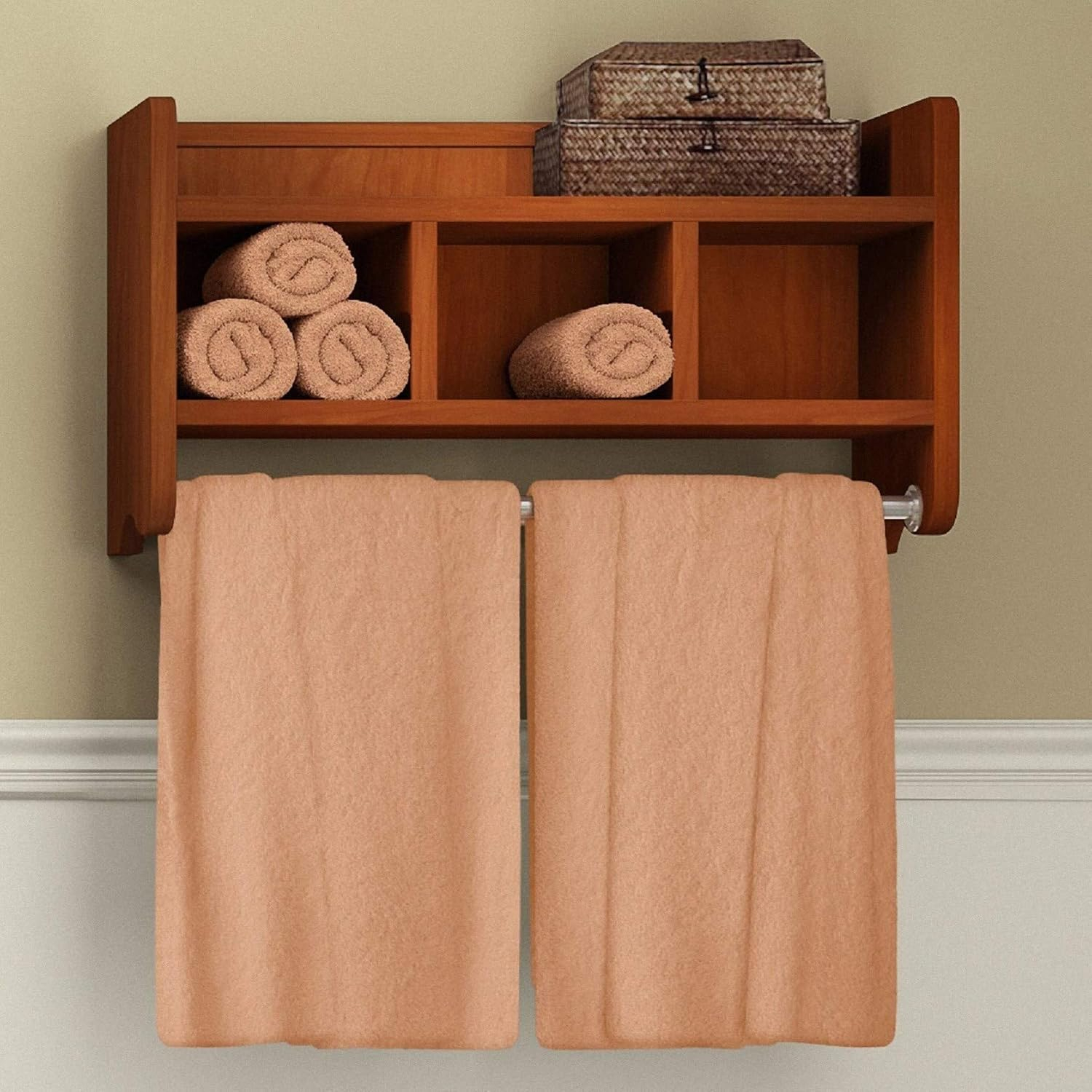 25" Bath Storage Shelf with Towel Rod, Chestnut