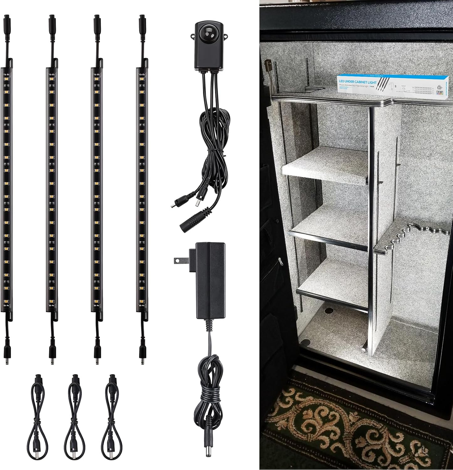 LED Safe Lighting Kit for Under Cabinet, Gun Safe, Shelf, Showcas, (4) 12 Inch Linkable Light Bars + Rocker Switch + UL Adapter, 3000K Warm White, Pack of 4