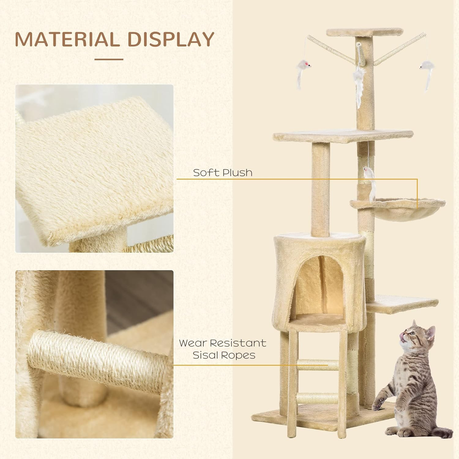 PawHut 53" Plush Sturdy Interactive Cat Condo Tower Scratching Post Activity Tree House - Beige