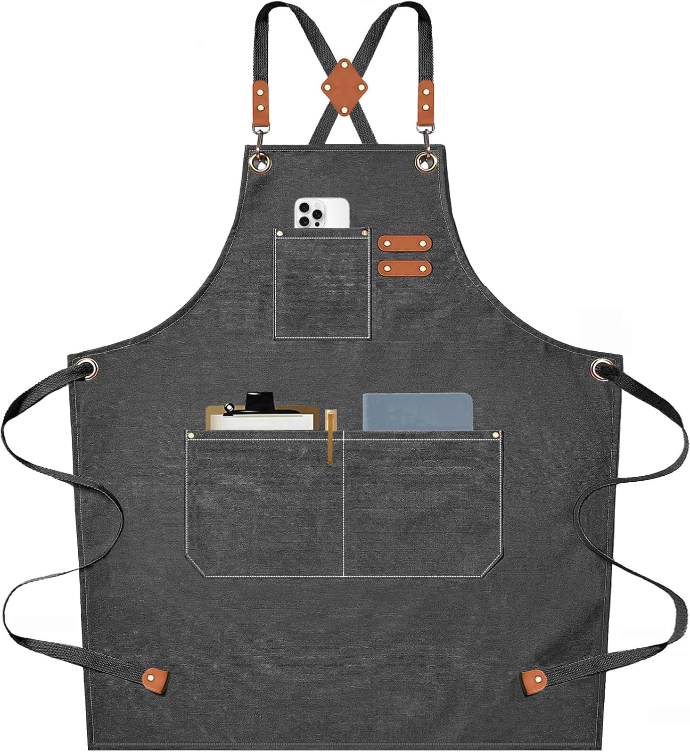 AFUN Chef Aprons for Men Women with Large Pockets, Cotton Canvas Cross Back Heavy Duty Adjustable Work Apron, Size M to XXL(Grey)
