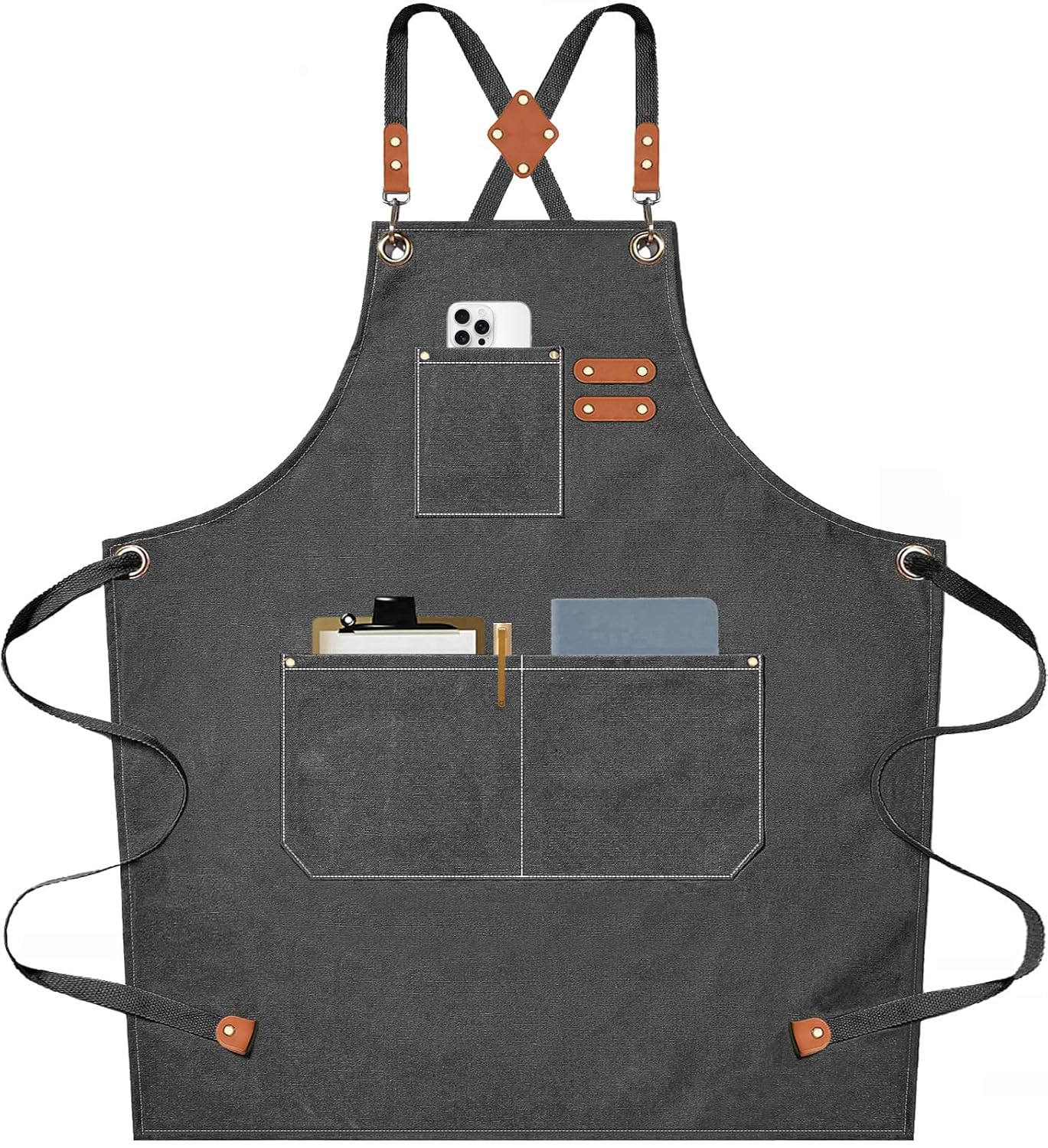 AFUN Chef Aprons for Men Women with Large Pockets, Cotton Canvas Cross Back Heavy Duty Adjustable Work Apron, Size M to XXL(Grey)