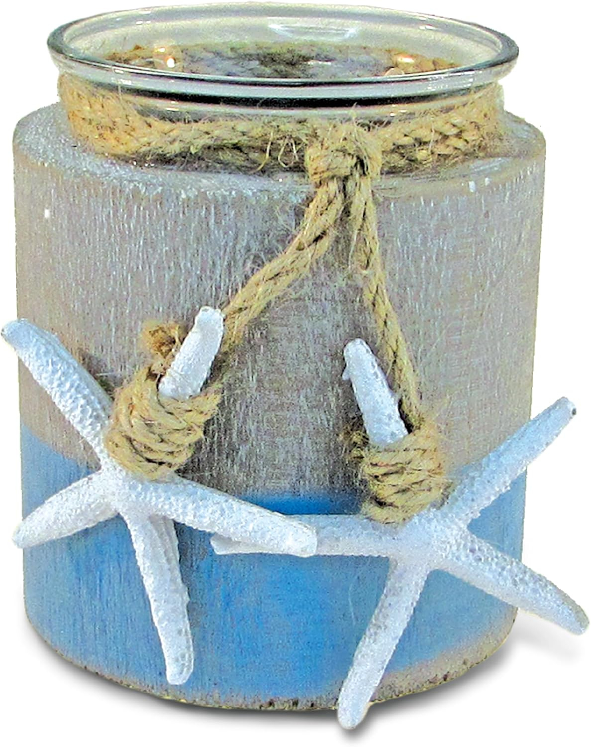 CoTa Global Ocean Breeze Wooden Pillar Candle Holder - Tabletop Coastal Decor Candle Holder with Hanging White Starfish, Ocean-Themed Blue Candle Holder Centerpieces - Handmade, Color May Vary
