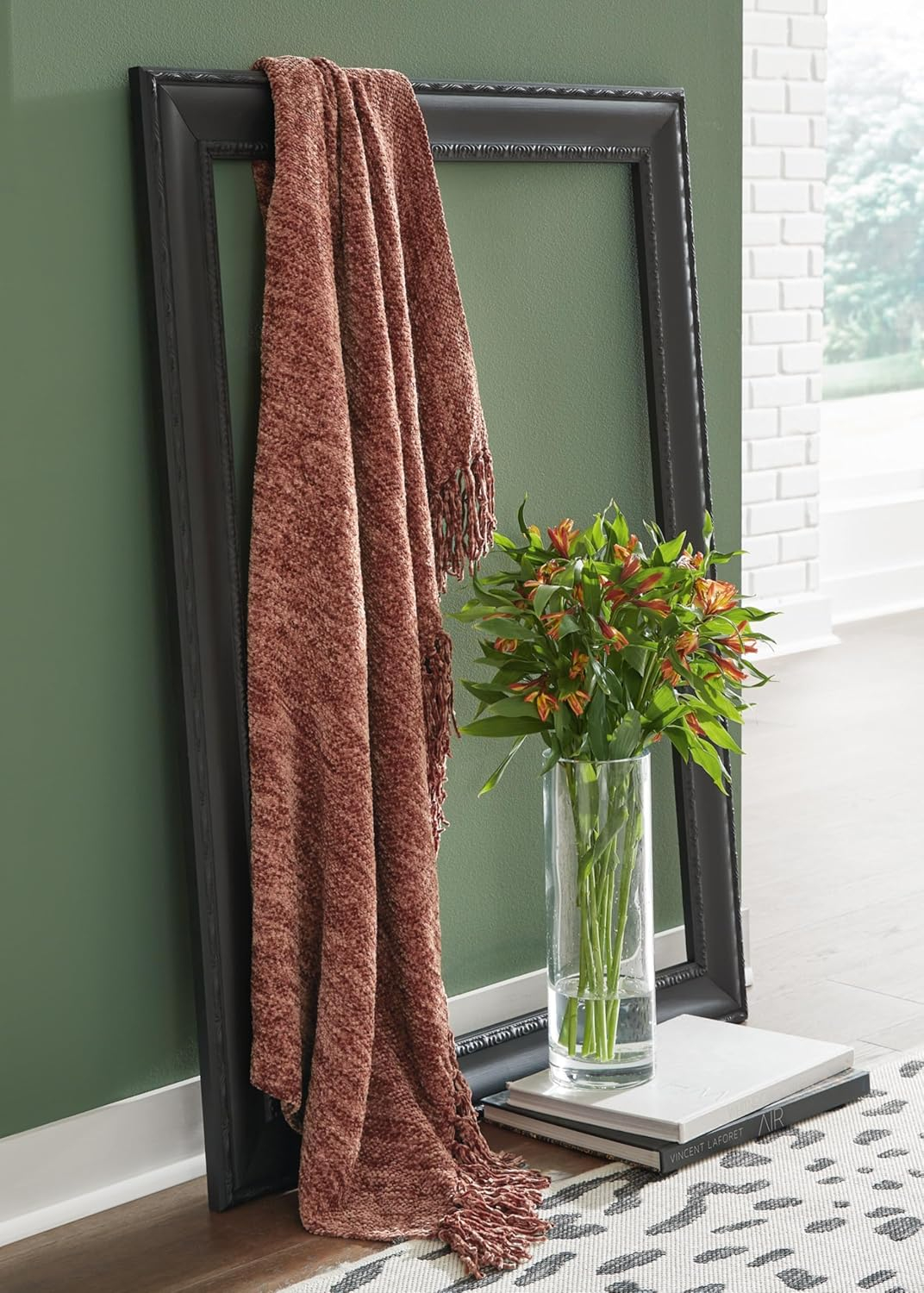 Tamish Rust Polyester Throw Blanket with Knotted Fringe