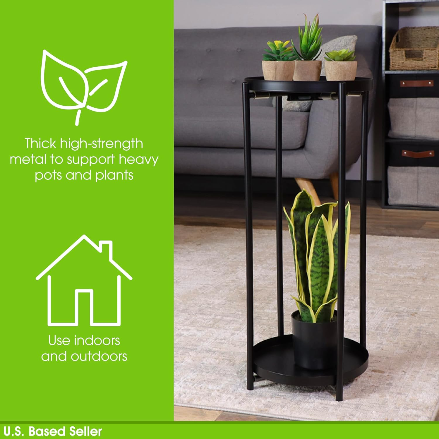 7Penn Tall Pedestal Plant Stand Table - 2 Tier Indoor Black Plant Riser Shelf