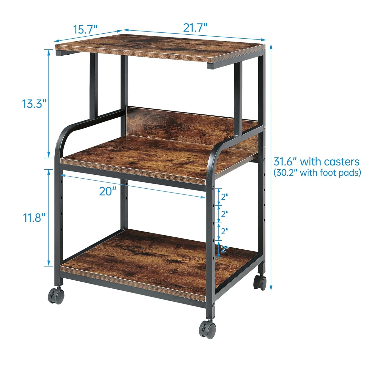 Printer Stand, Rolling Printer Cart with 3-Shelf, Modern Mobile Desk Organizer with 4 Wheels for Home and Office, Rustic Brown