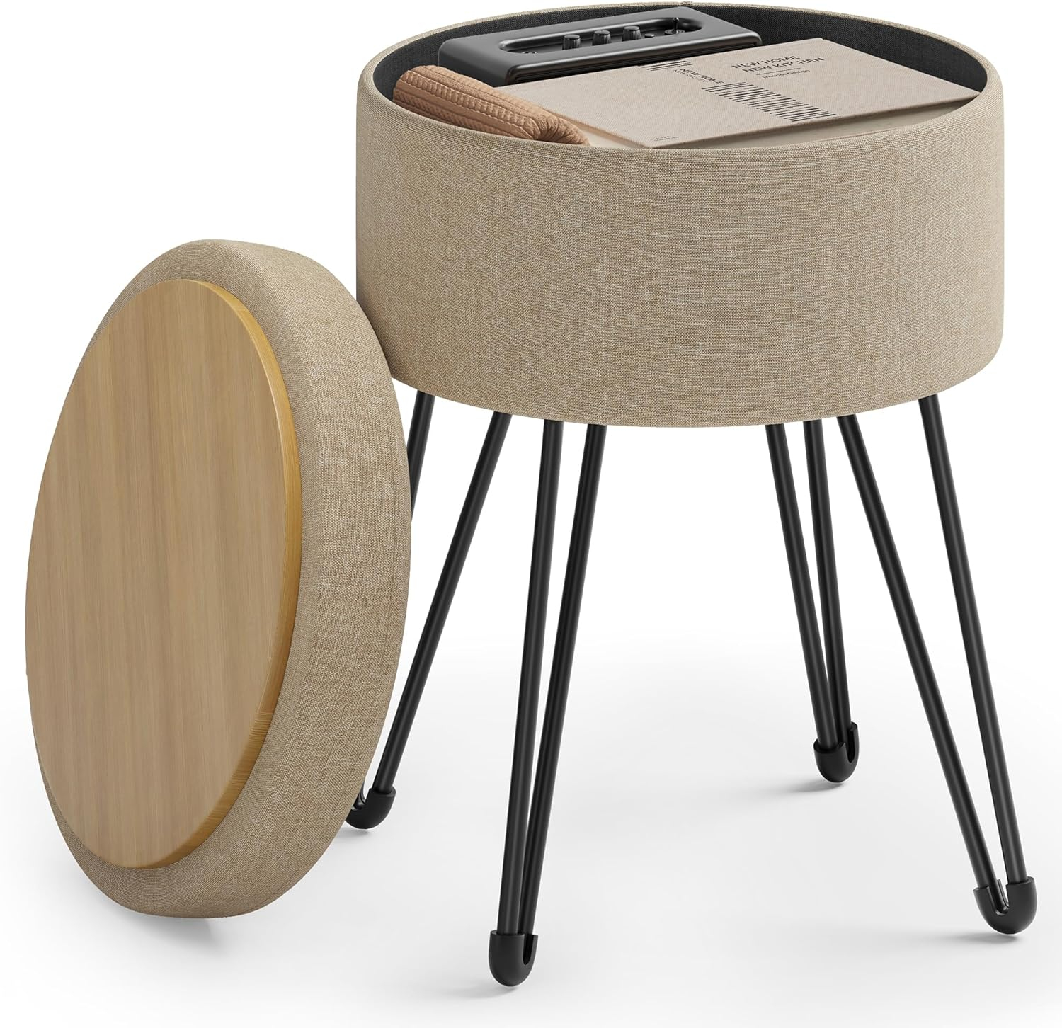 SONGMICS Vanity Stool Chair, Small Ottoman Stool with Storage, Vanity Chair, 15.4 Dia. x 17.4 Inches, 4 Metal Legs, for Makeup Room, for Living Room, Bedroom, Camel Brown ULOM002K01