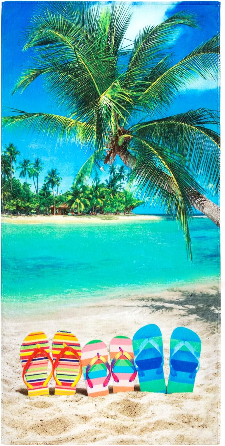 Beachland Flip Flops Beach Towel 30 x 60 inch 100% Cotton - Sunny Day Tropical Beach Towel