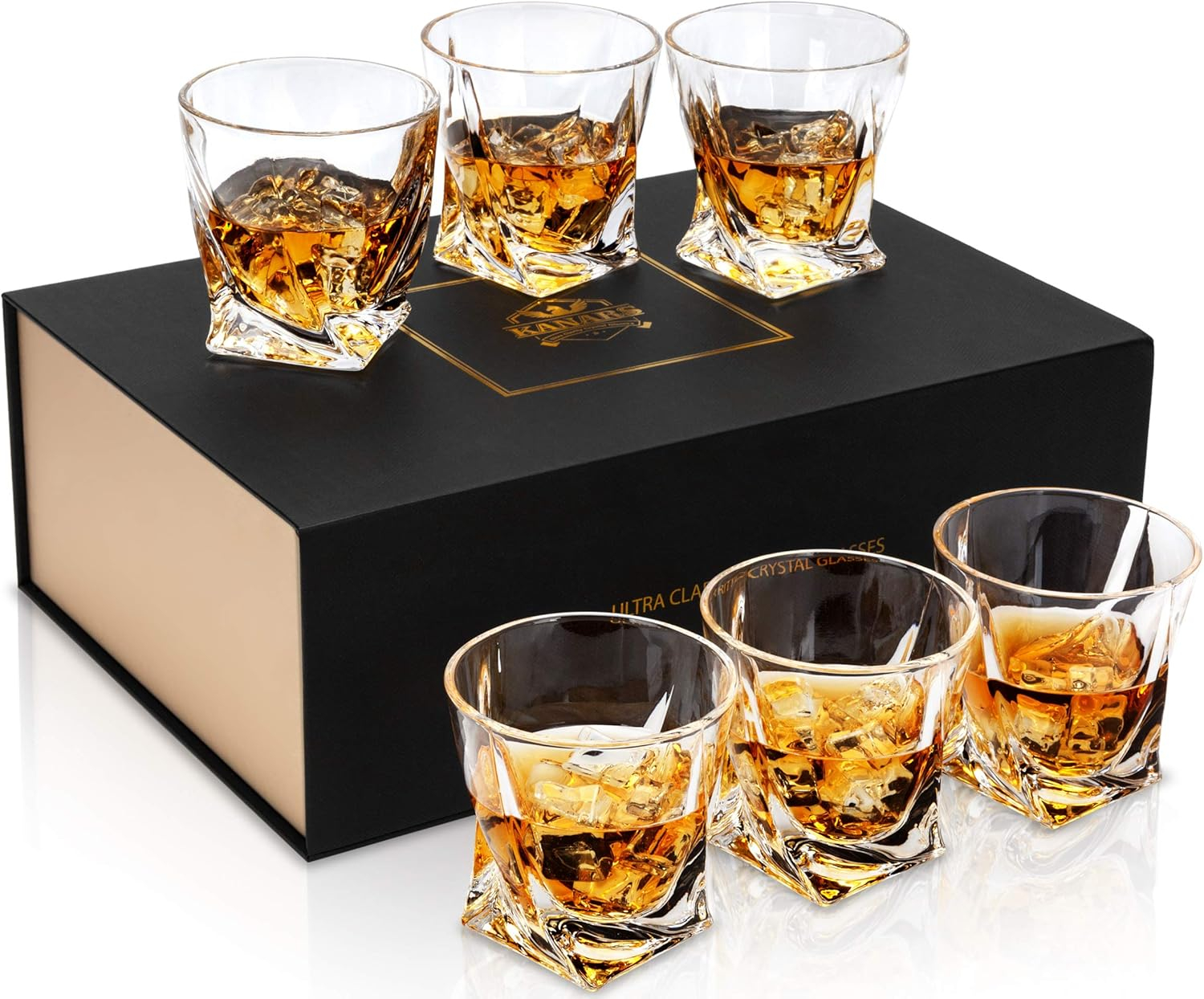 Twisted Rocks Glass 10 Oz, Set of 6 Crystal Whiskey Glasses, Lowball Bar Glassware for Bourbon Scotch Cocktail Whisky Vodka