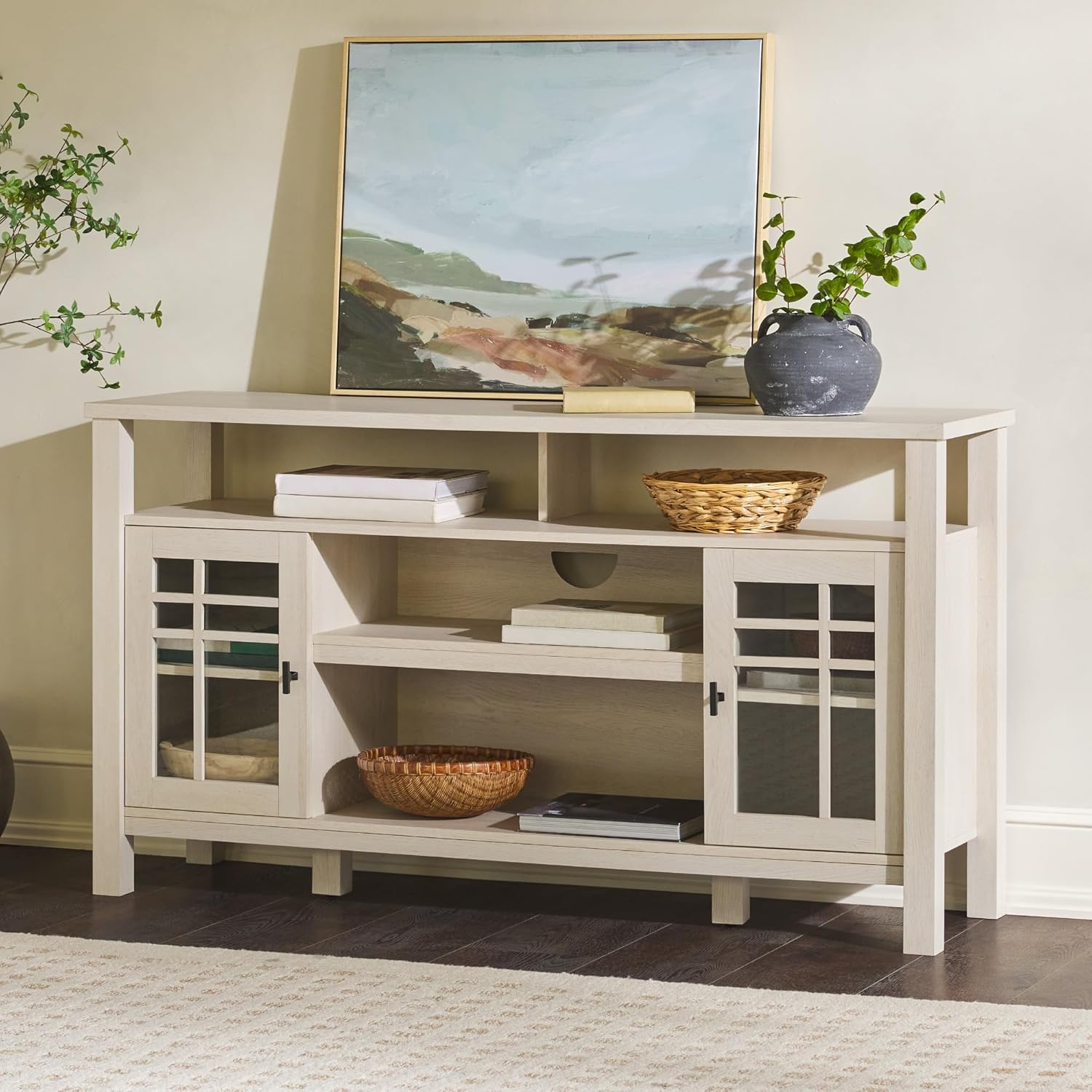 Walker Edison 58" Transitional 2-Door Windowpane TV Stand for TVs up to 65”, Ivory Oak