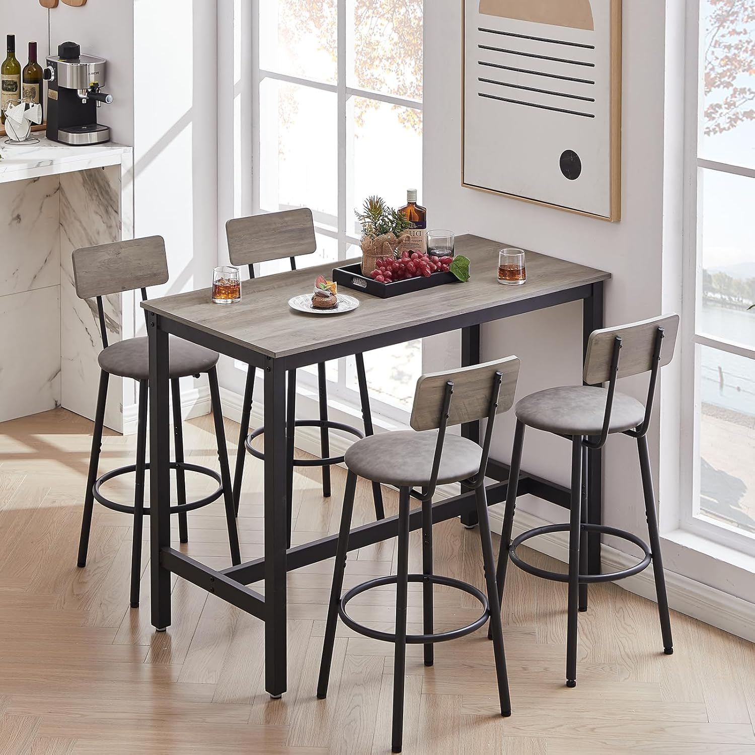 UZUGUL Bar Table Set for 4 with 4 PU Upholstered Stools, Pub Bistro Dinning Table and Stools with Backrest, Counter Height Bar Table Set for Apartment, Kitchen, Small Space