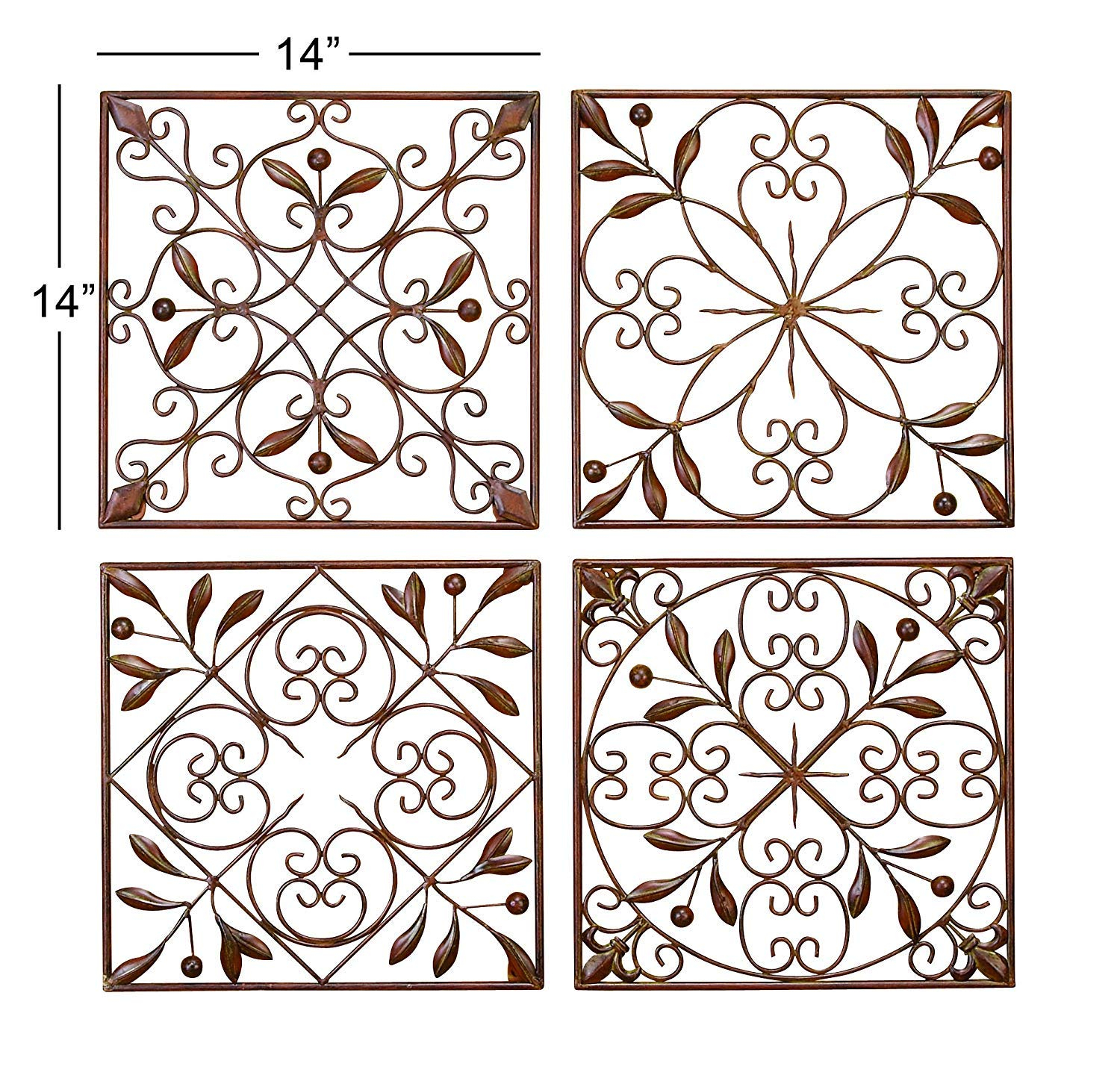 DecMode Rustic Brown Square Metal Wall Décor Set of 4 14"W x 14"H