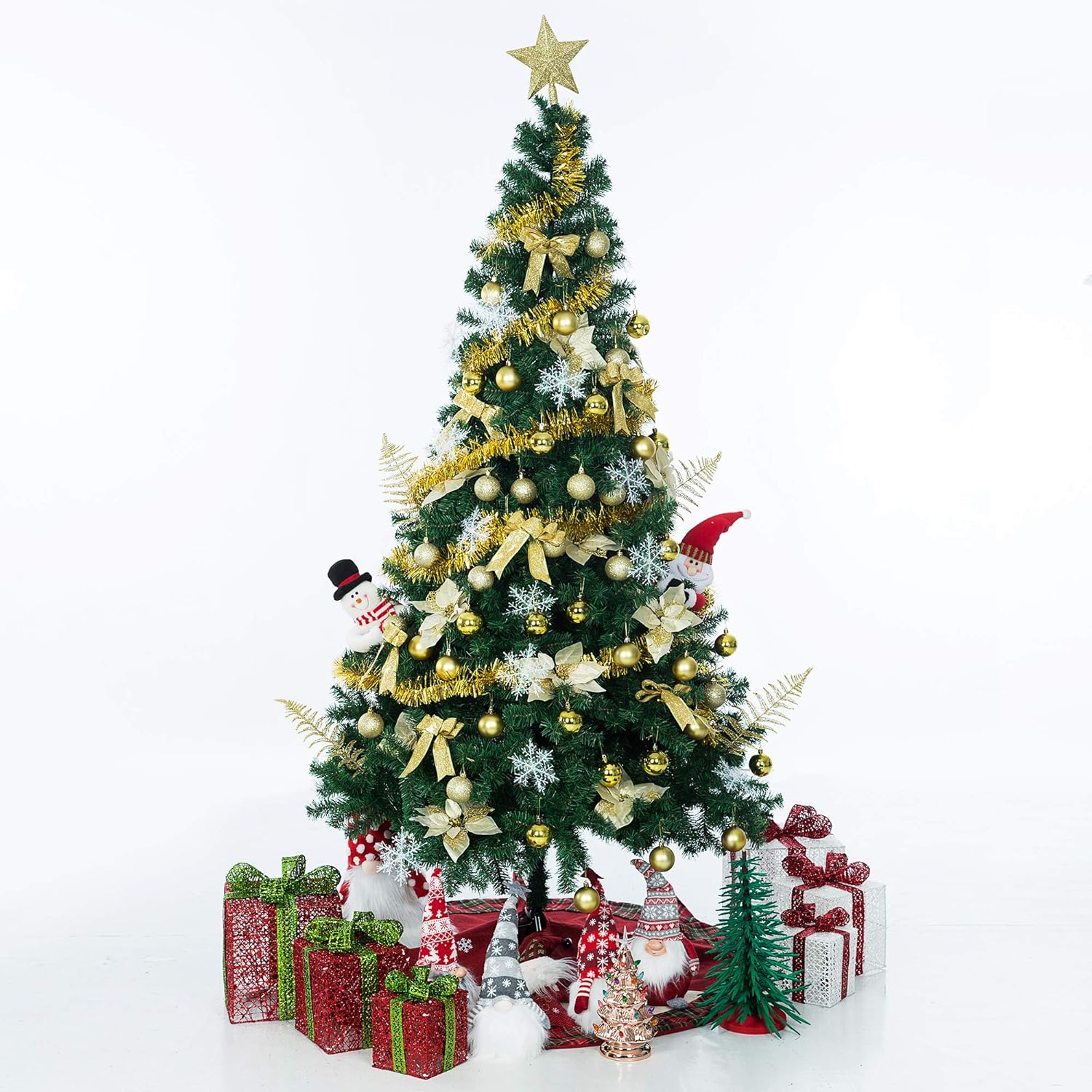 Bibana 94 PCS Christmas Tree Ornaments Set with Glitter Poinsettia, Bows, Ribbons, Leaves & Assorted Decoration Ball for Xmas Tree Holiday Wedding Party Decorations