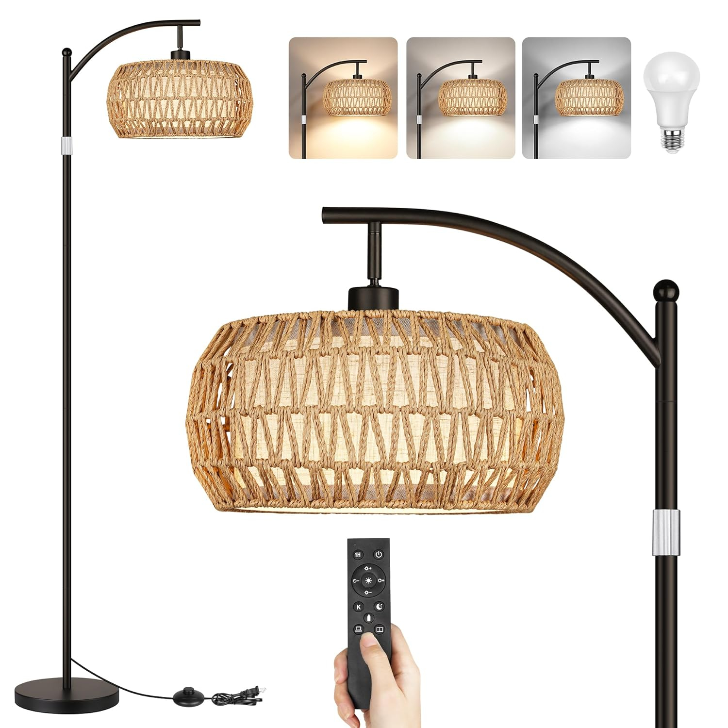 ROTTOGOON Boho Floor Lamp with Dimmable Bulb, Rattan &Linen Double Shades, Boho Standing Tall Lamps with Foot Switch, Bohemian Floor Lamps for Living Room, Bedroom, Office