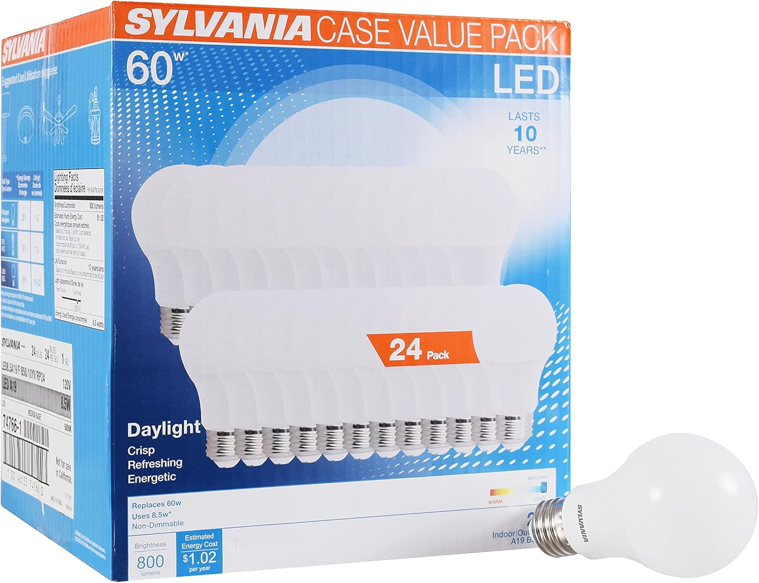 SYLVANIA General Lighting 74766 Sylvania 60W Equivalent, LED Light Bulb, A19 Lamp, Efficient 8.5W, Bright White 5000K, 24 Pack, Piece