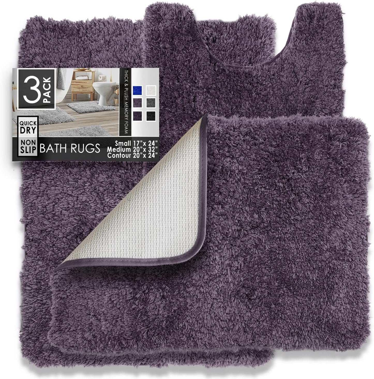 Clara Clark Set of 3 Absorbent Bath Mat Non-Slip Backing Rubber Bathroom Rugs, 17x24, 20x32, 32x48 Eggplant