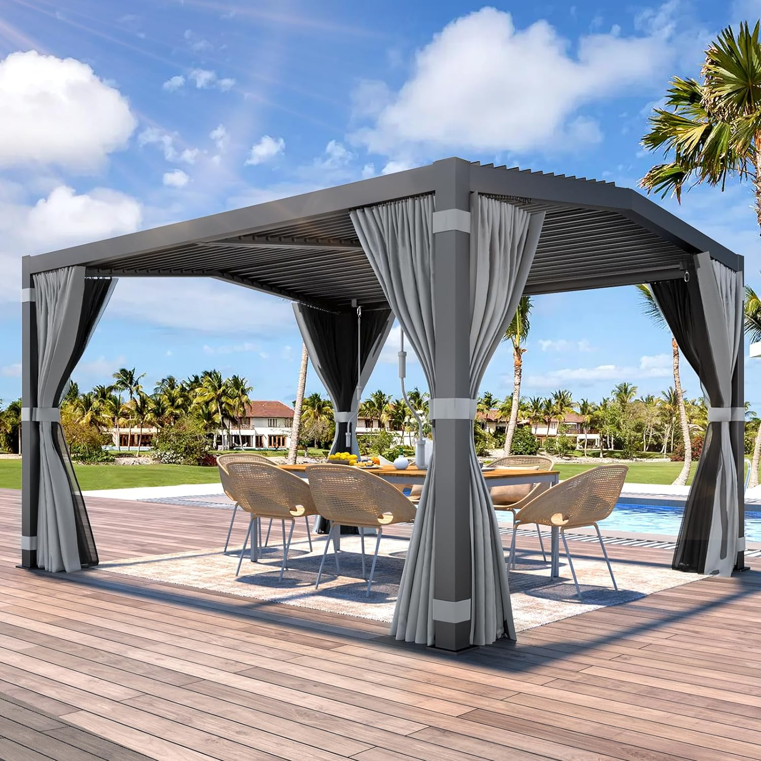 Erommy  Outdoor Louvered Pergola Gazebo with Adjustable Aluminum Rainproof Roof and Pull-Down Screen 11'x13' A Shape - Grey