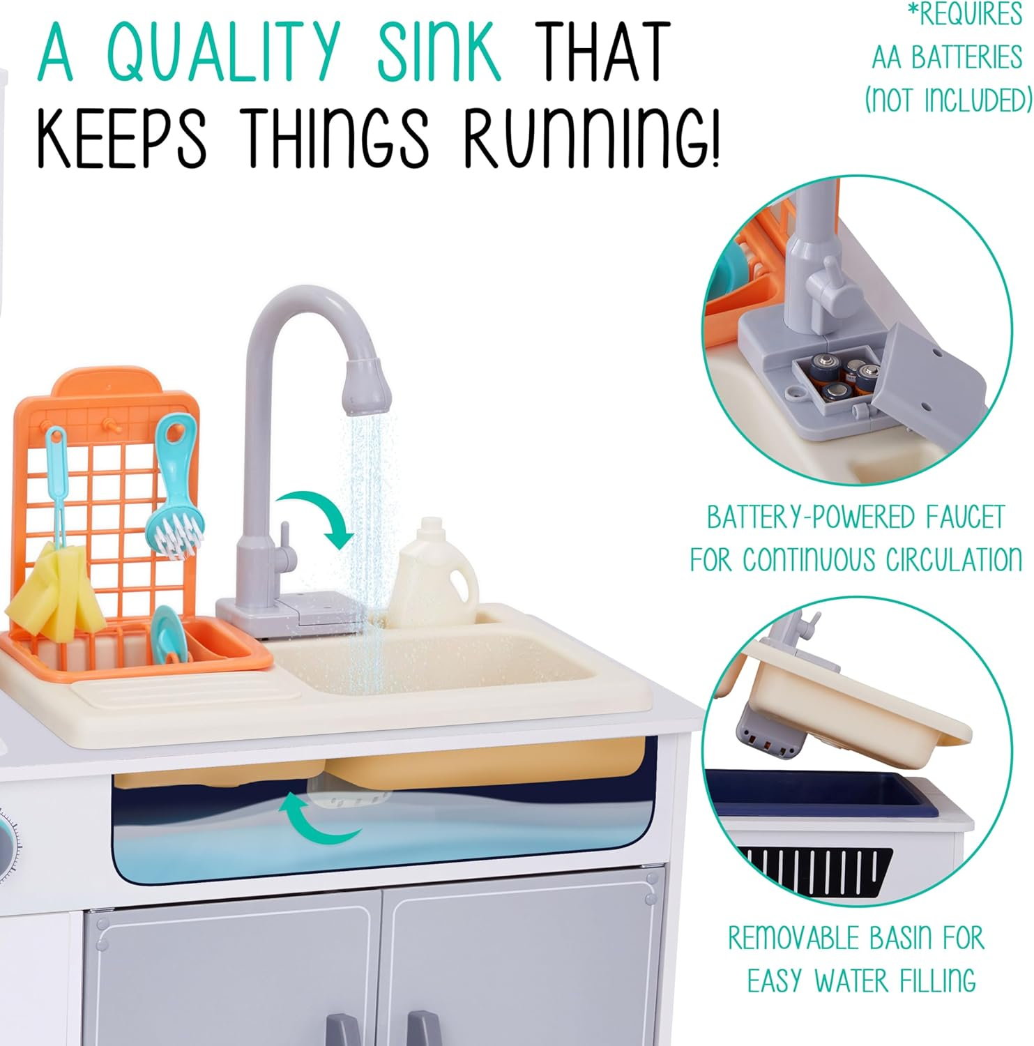 Lil’ Jumbl Kids Wooden Kitchen Set, Pretend Working Sink with Real Running Water, Includes Range Hood, Microwave & Stove Top That Make Realistic Sound & Light, Full Accessory Set Included