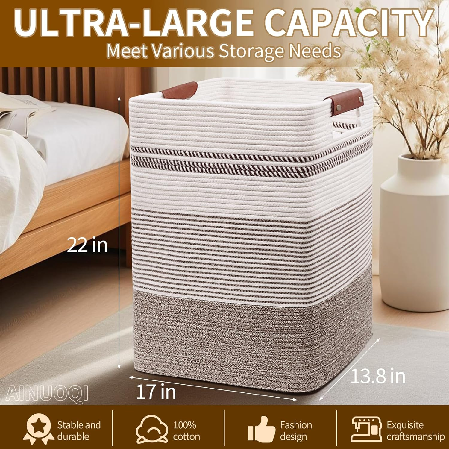 Laundry Hamper - Tall Woven Rope Laundry Basket - Clothes hamper with Leather Handles, 17.8" X 13.8" X 22", Blanket Storage Basket for Living Room, Rice Brown & White