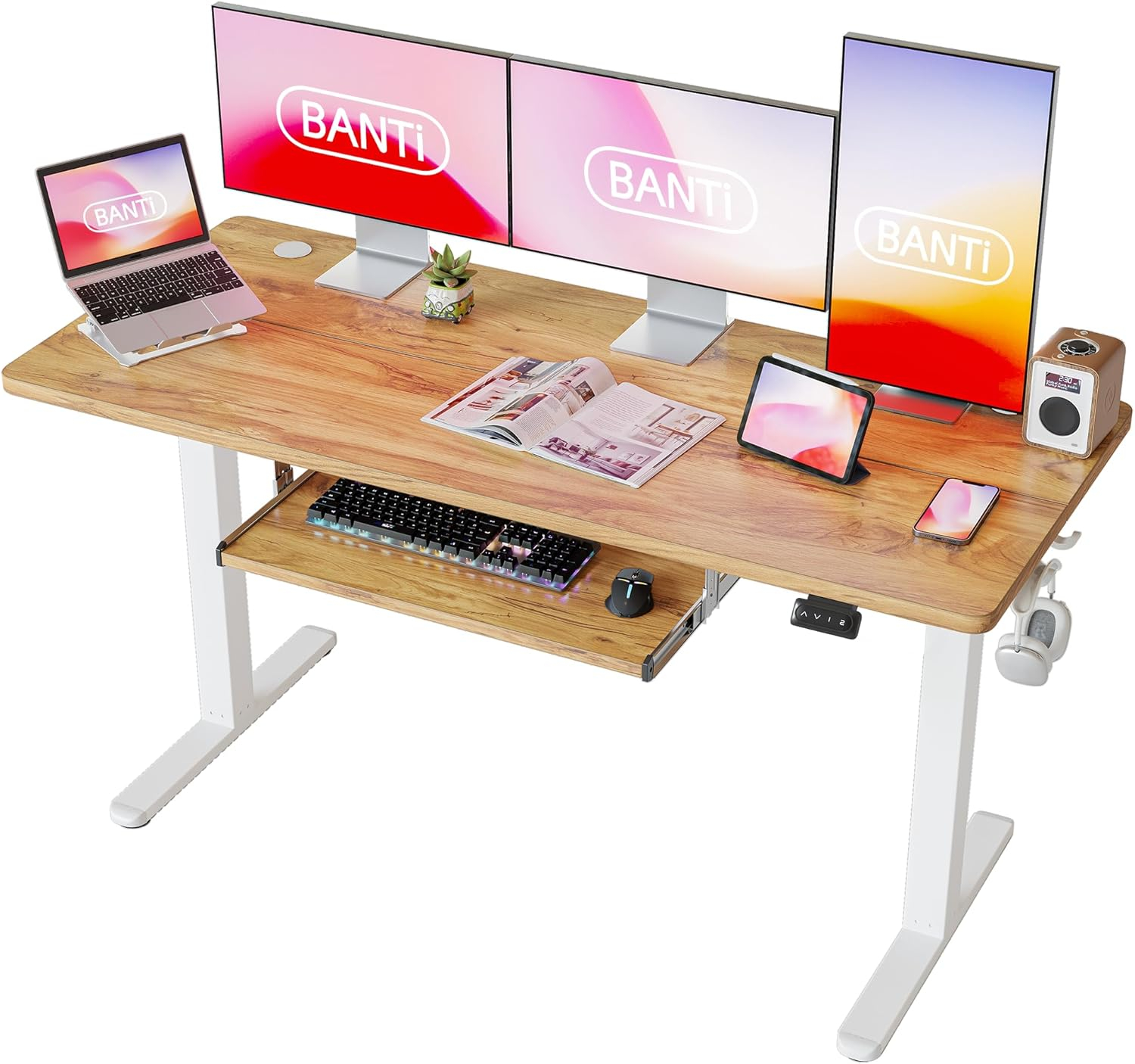 BANTI 55" x 24" Height Adjustable Electric Standing Desk with Keyboard Tray, Sit Stand up Desk with Splice Board, Black Frame/Rustic Brown Top