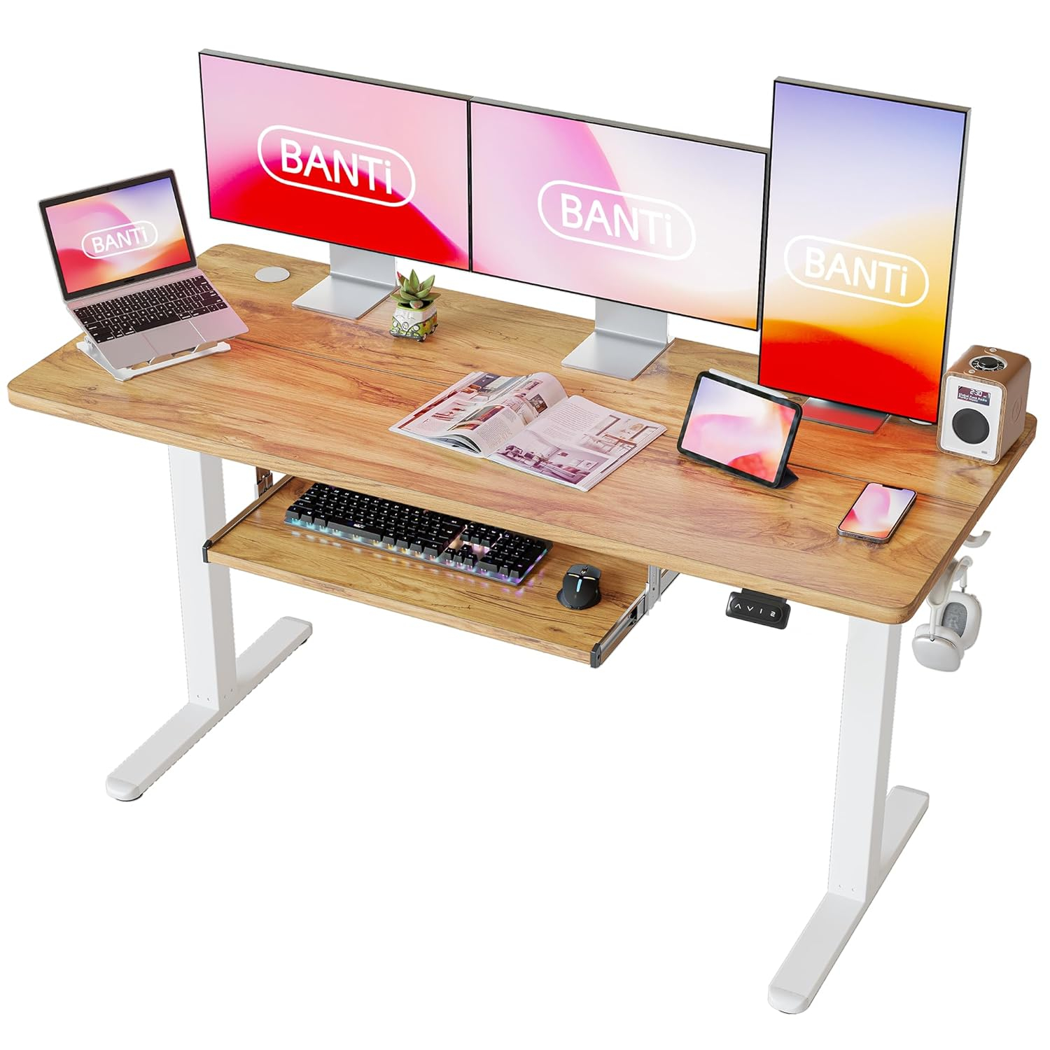 BANTI 55" x 24" Height Adjustable Electric Standing Desk with Keyboard Tray, Sit Stand up Desk with Splice Board, Black Frame/Rustic Brown Top