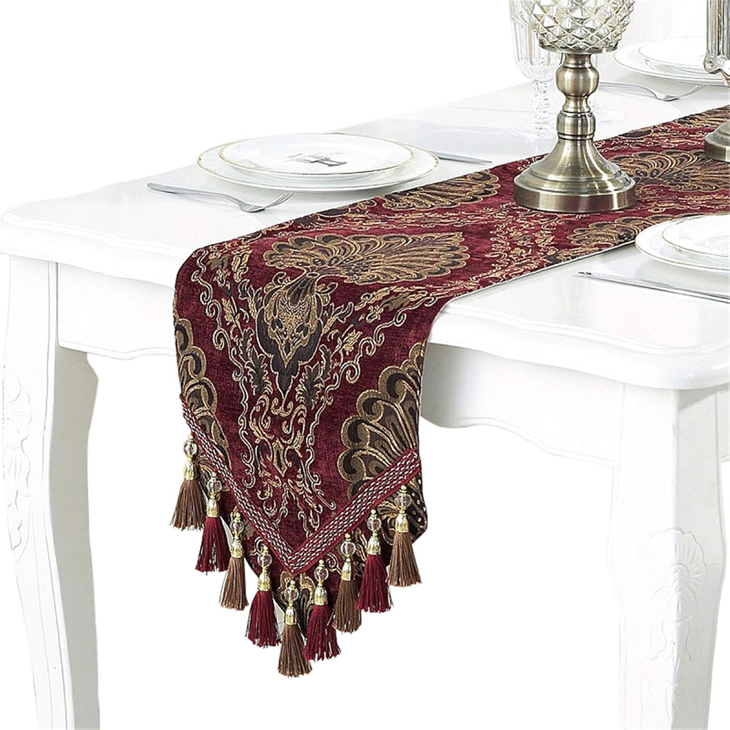 Embroidery Luxury Table Runner Jacquard Fabric Table Runner with Multi-Tassels for Dining Room Dresser Wedding Party Decorations, 13" x 62", Red