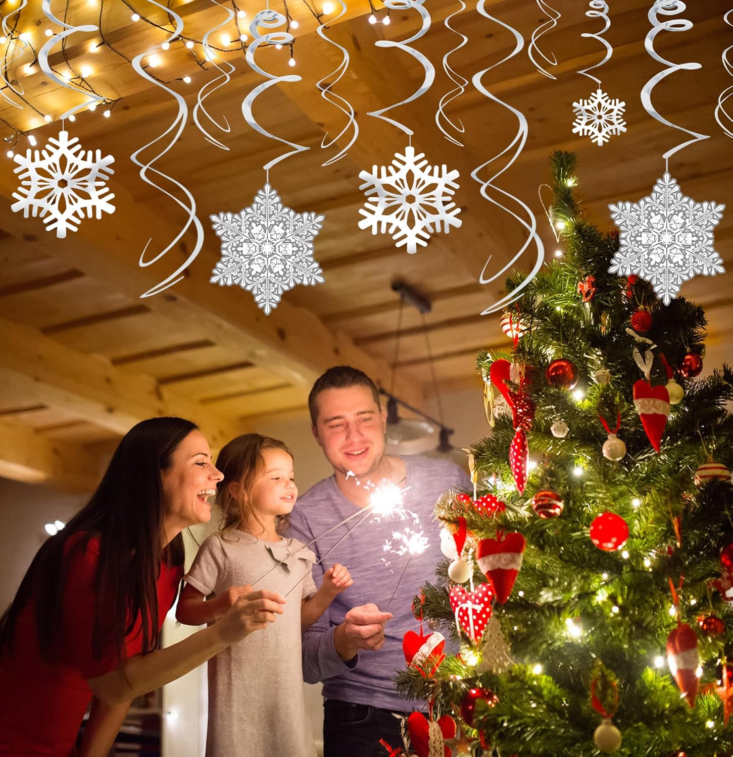 Moon Boat 42Ct Christmas Snowflake Hanging Swirl Decorations from Ceiling - Winter Party Wonderland Xmas Holiday Ornaments