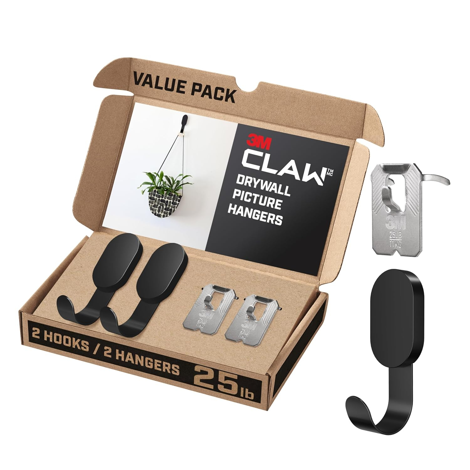 3M CLAW 25 lb. 2 Drywall Black Hooks & 2 Extra Picture Hangers, Heavyweight Hanging Solution for Backpacks, Jackets, Pictures and Room Decor, Cute Wall Hooks - 4 Pack