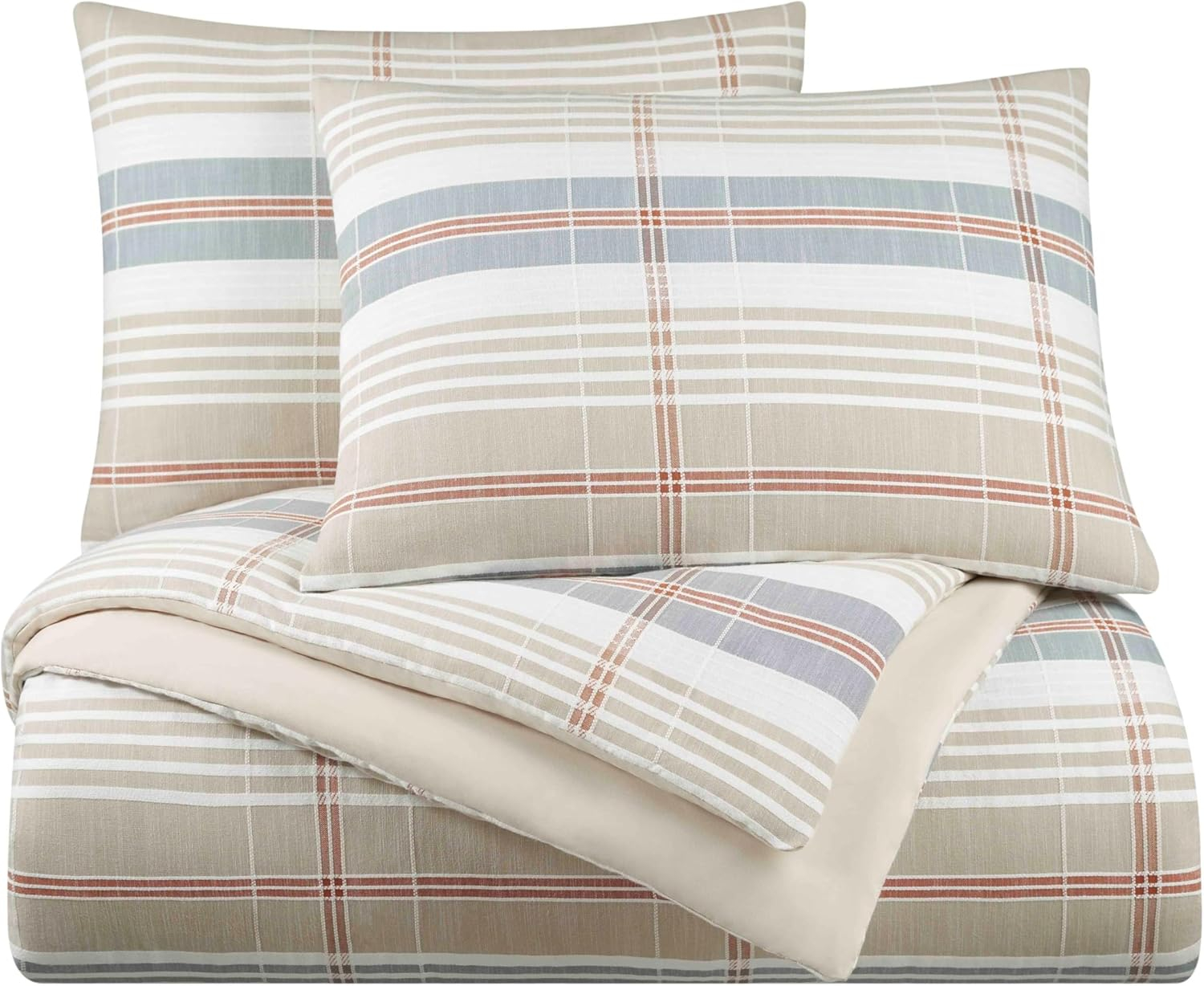 Vellux Oslo Plaid King Comforter Set, 3-Piece, 100% Cotton, Soft & Lightweight, 108x94, Taupe