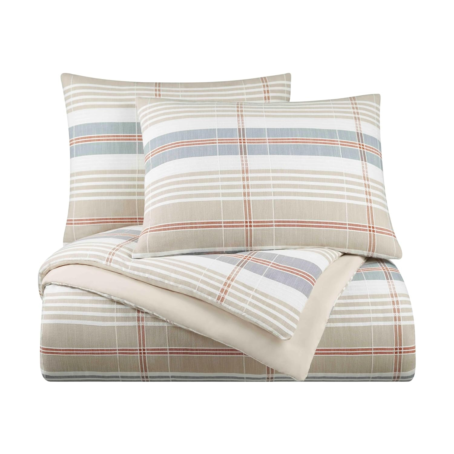 Vellux Oslo Plaid King Comforter Set, 3-Piece, 100% Cotton, Soft & Lightweight, 108x94, Taupe