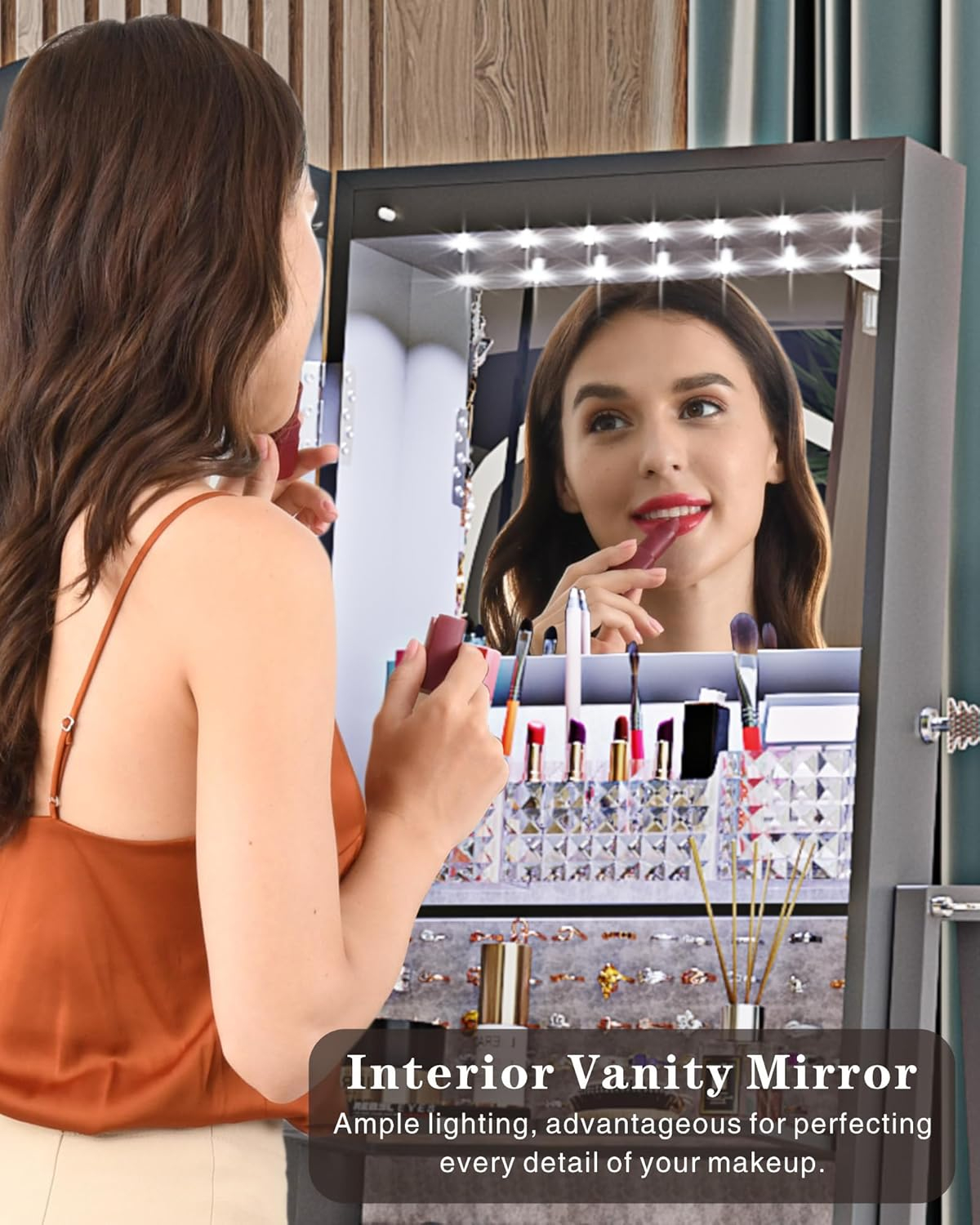 HWB 360° Rotating Jewelry Armoire with 53'' Full Length Mirror, Standing Lockable Jewelry Cabinet Organizer with Lights, Built in Makeup Mirror, Large Storage Capacity with Drawer&Shelves Grey