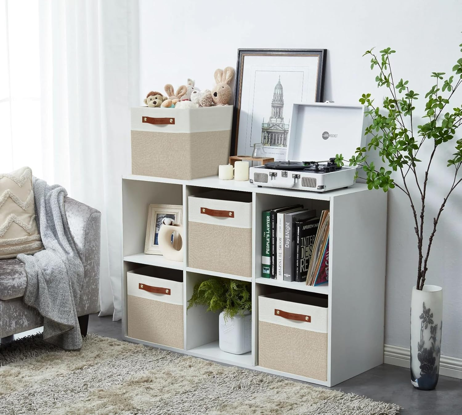 DECOMOMO Fabric Cube Storage Bins - Storage Baskets for Shelves, Cube Storage Organizer for Kallax and Cubbies (Beige & White, 11 inch Cube) - 4 Pack