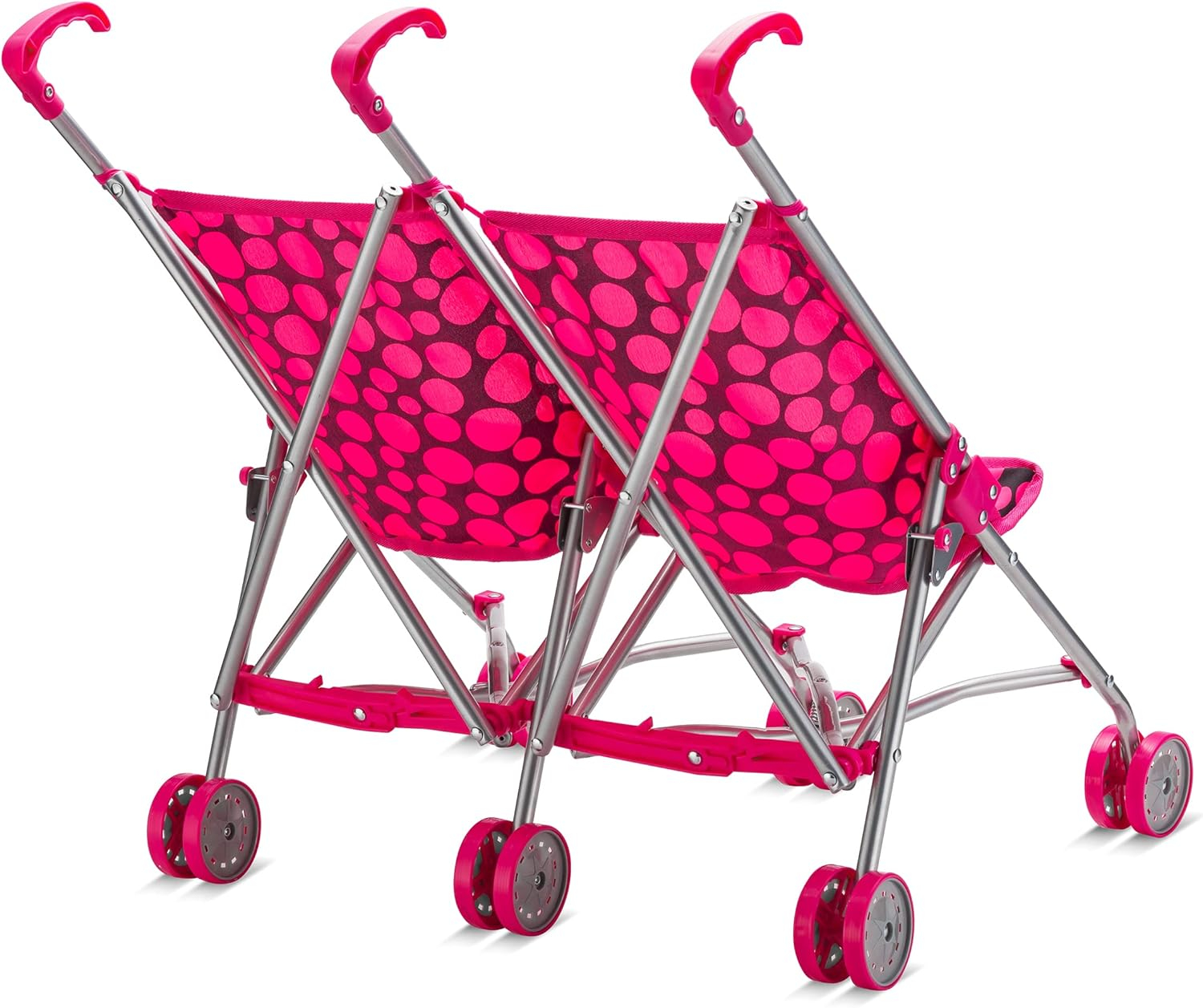 Double Doll Stroller for Twin Baby Dolls - Toy Stroller for Toddlers 3 Years and up, Pink & Black Polka Dots Design for Kids