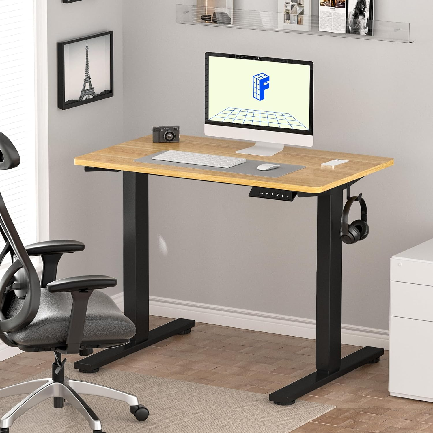 FLEXISPOT EN1 Whole-Piece Standing Desk 40" x 24" Electric Small Desk Height Adjustable Desk Sit Stand Desk Home Office Table (Black Frame + Maple Top, 2 Packages)