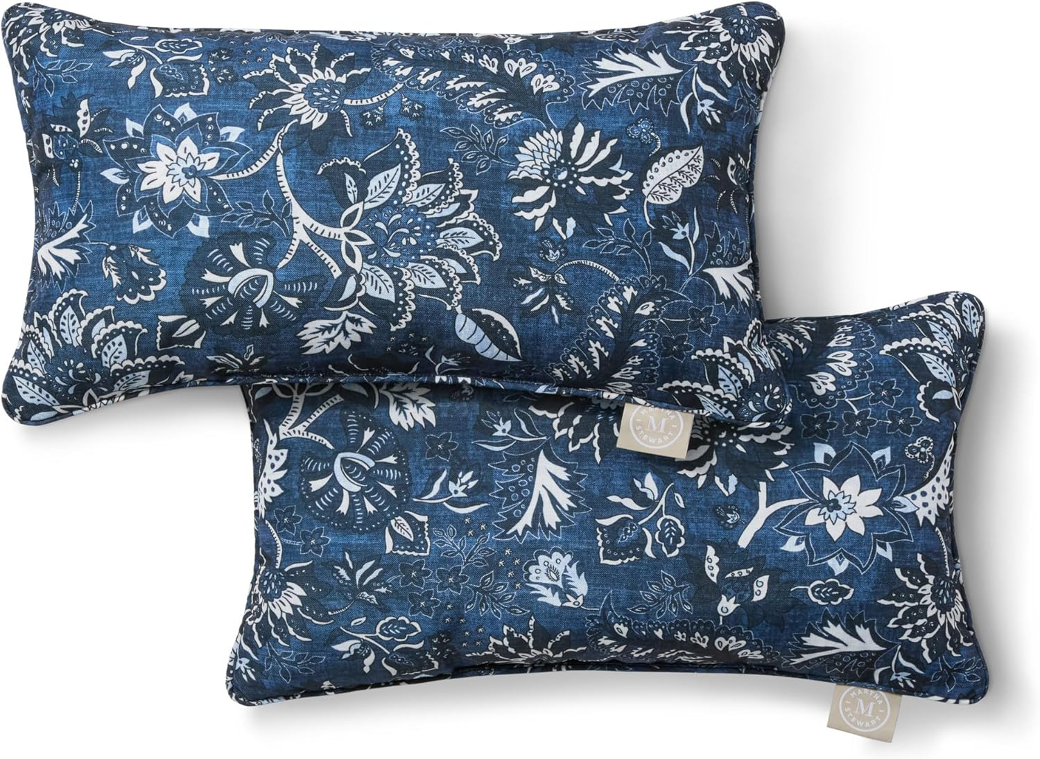 MARTHA STEWART Distressed Jacobean Indoor Outdoor Decorative Lumbar Pillow 2-Pack Set, UV Fade Resistant, Water Repellent, Printed Floral Design, Navy Blue, 11"x18"