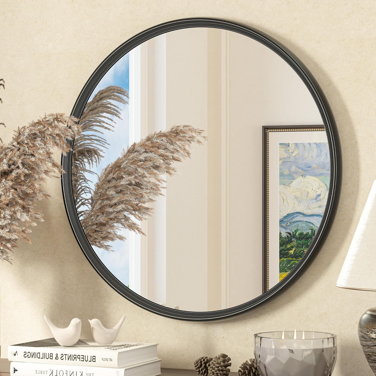 Tetote Black Round Mirror for Bathroom, 24 inch Modern Circle Mirrors, Wall Mounted Matte Metal Frame Entryway Decorative Farmhouse Vanity Mirror