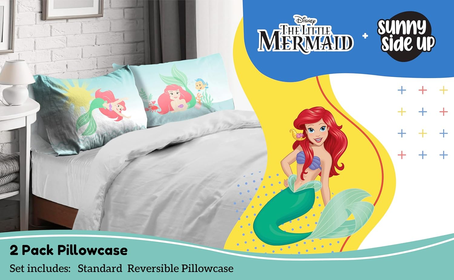 Sunny Side Up Disney The Little Mermaid 2 Pack Reversible Pillowcases - Double Sided Pillow Covers, Kids Super Soft Airel Bedding