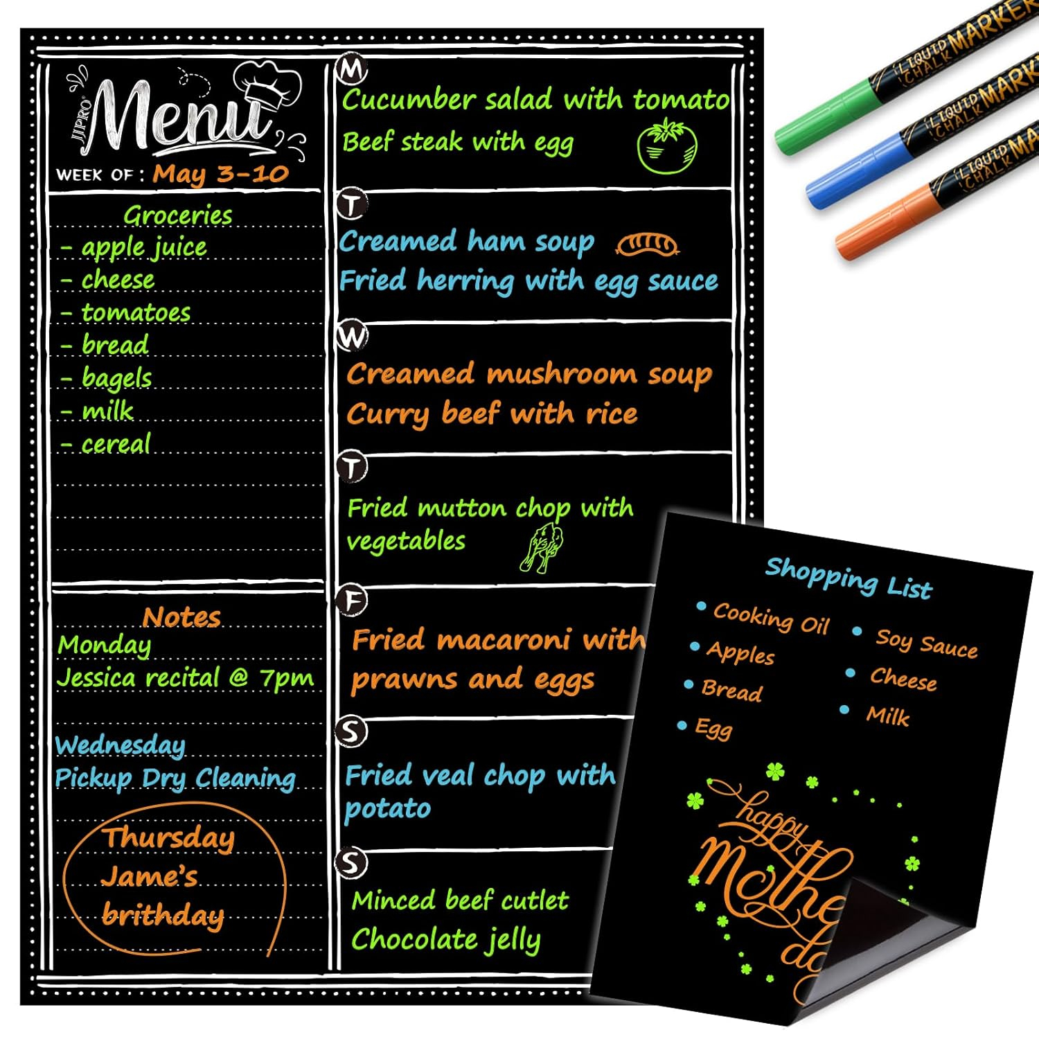 JJPRO Magnetic Dry Erase Menu Blackboard for Fridge-Weekly Meal Planner Chalkboard with Notepad Blackboard Set for Kitchen Refrigerator-Refrigerator Organizer with Menu Planning Board