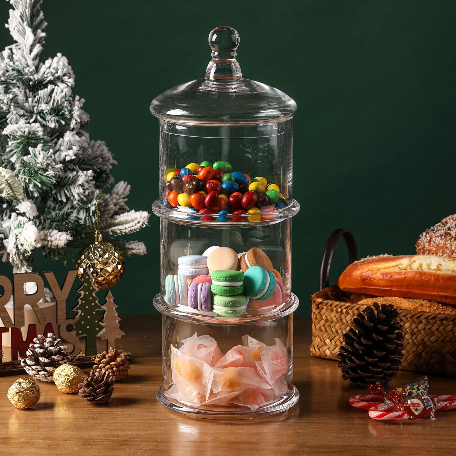Clear 16 inch Stacking Food Storage, 3 Tier Cookie Candy Jars, MyGift Apothecary Glass Container with Lid