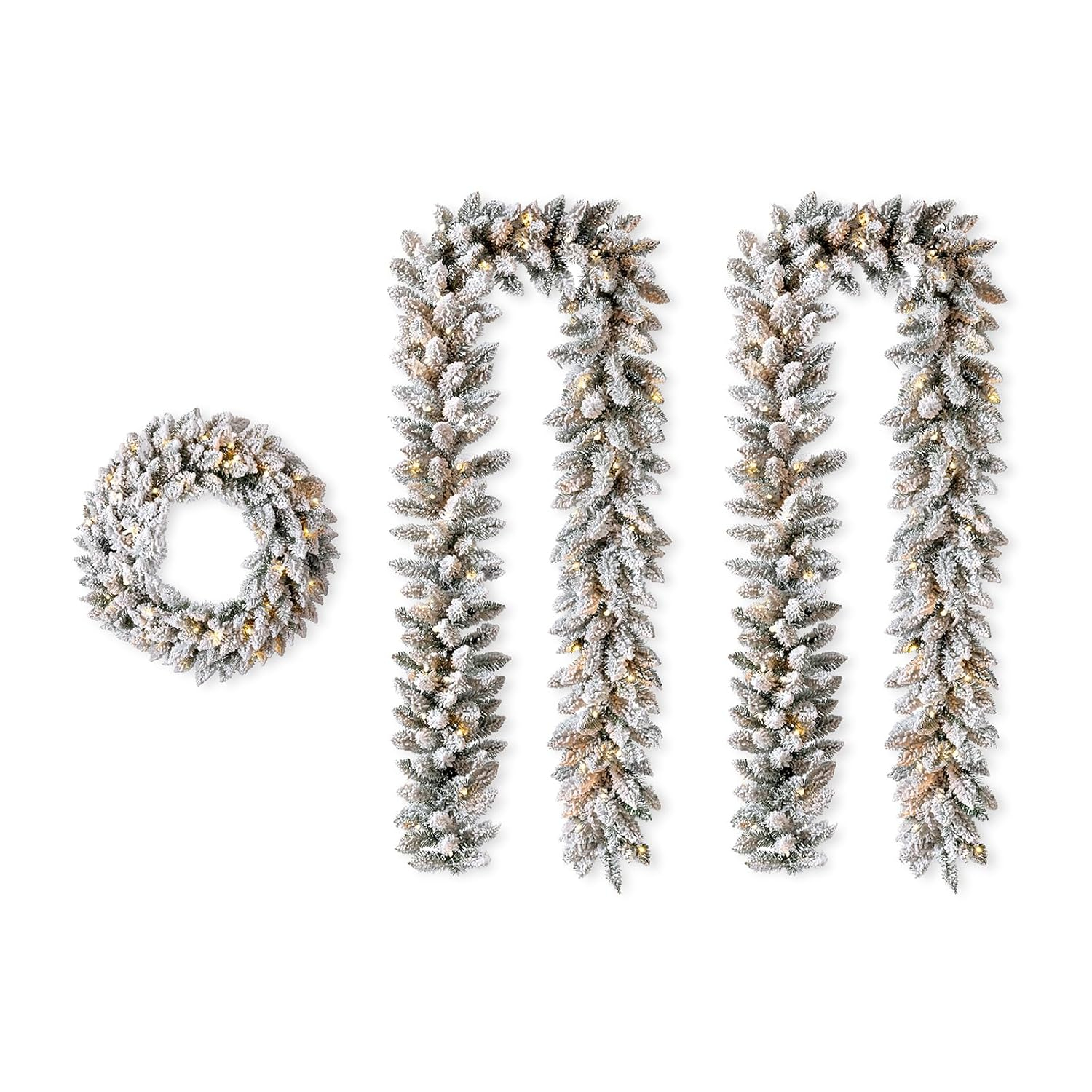 Glitzhome Pre-Lit 24" Artificial Christmas Snow Flocked Wreath with 2Pcs Xmas Snow Garlands Ornament Lighted Pine Needle Holiday Hang Decorations for Home Door Wedding Party Decor