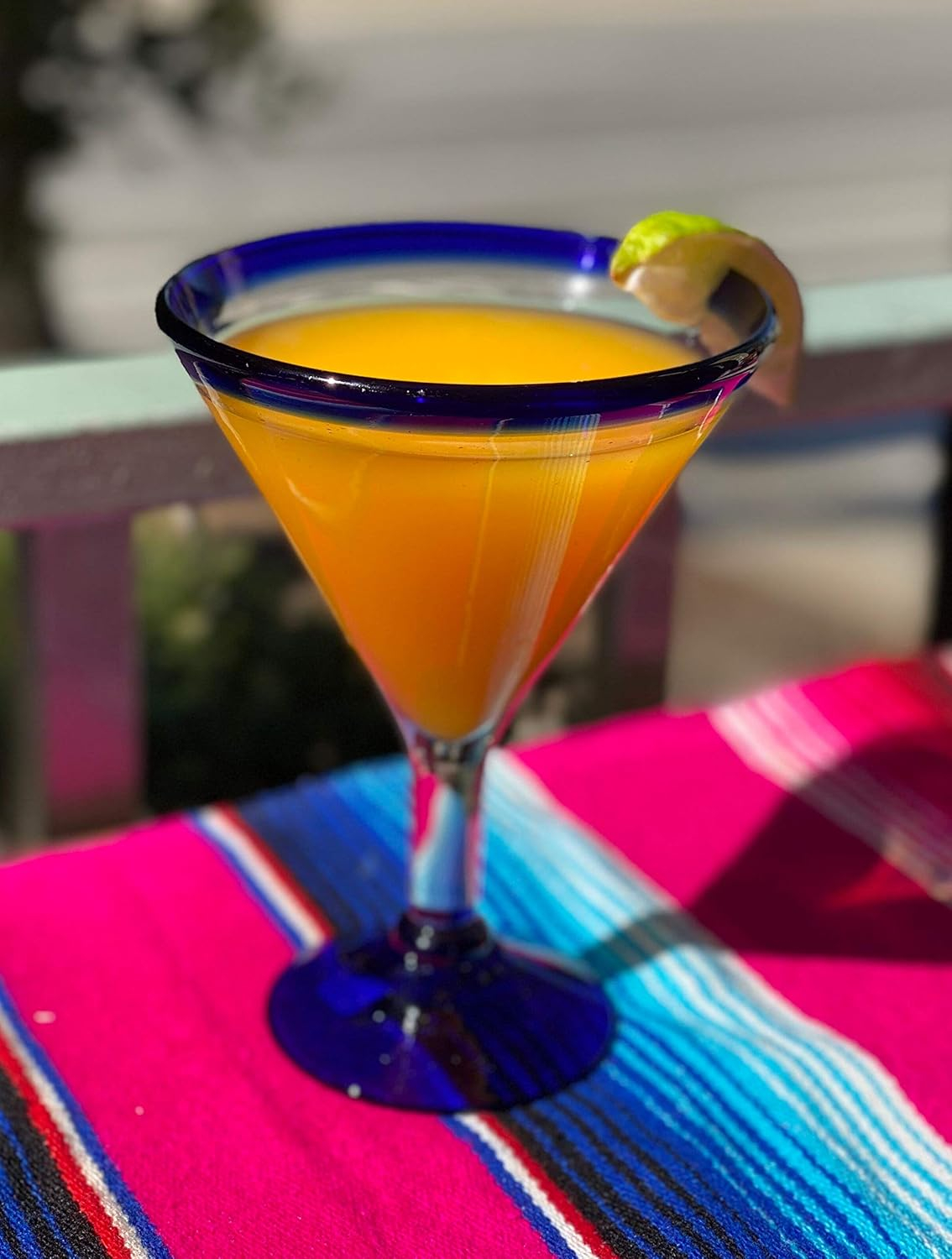 Mexican Hand Blown Glass – Set of 4 Hand Blown Modern Margarita Glasses - Blue Rim (12 oz)