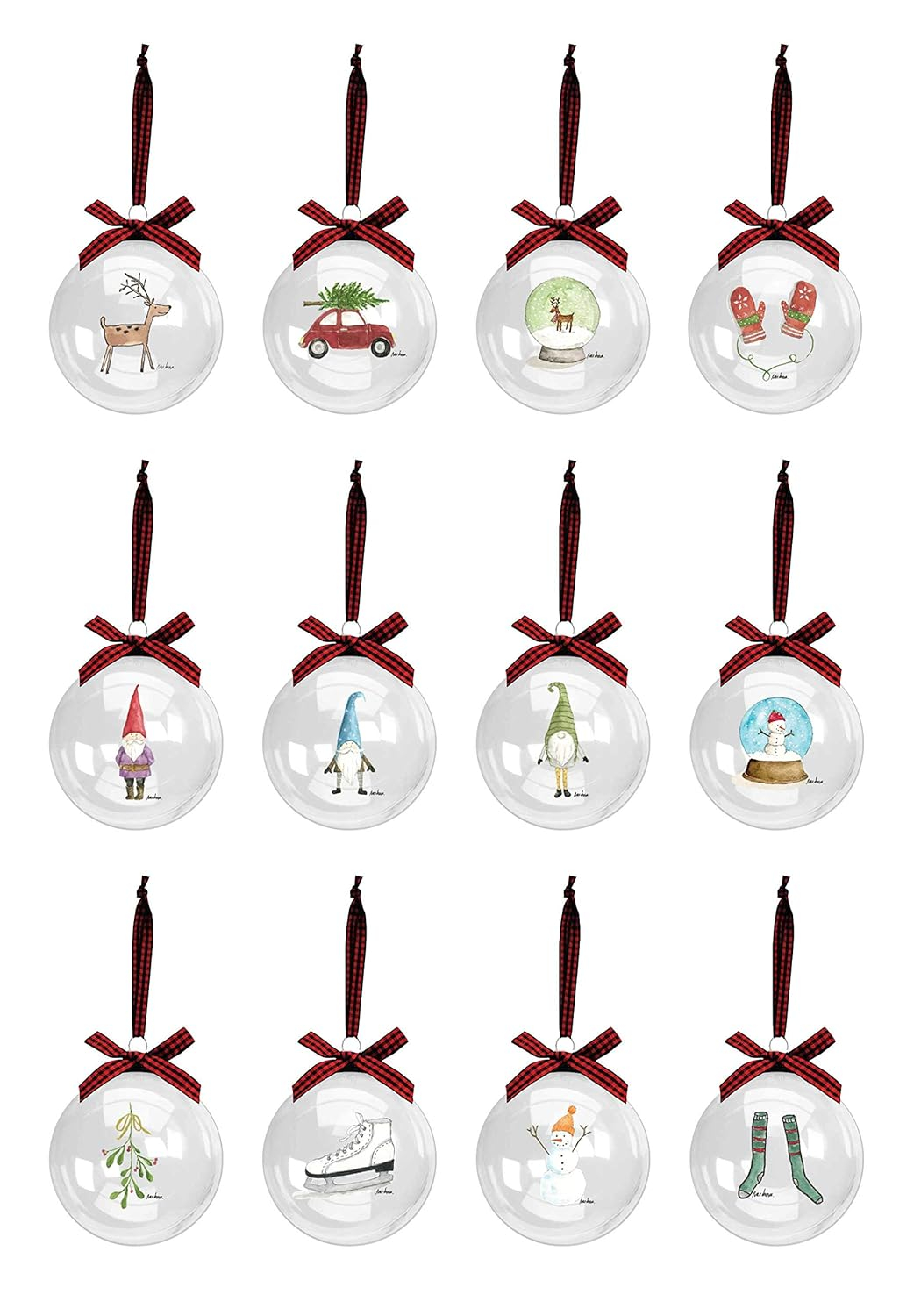 Rae Dunn Christmas Ornaments - Set of 12 Clear Glass Balls with Cute Holiday Designs - 60mm / 2.36 Inch Hanging Decorations for Xmas Tree
