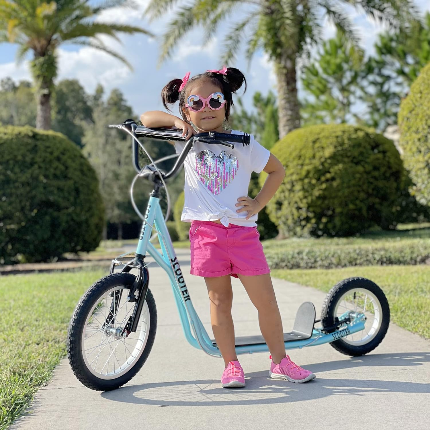 Aosom Youth Scooter, Teens Kick Scooter, Adjustable Handlebar Ride On Toy for 5+ with 16" Front and 12" Rear Dual Brakes Inflatable Wheels