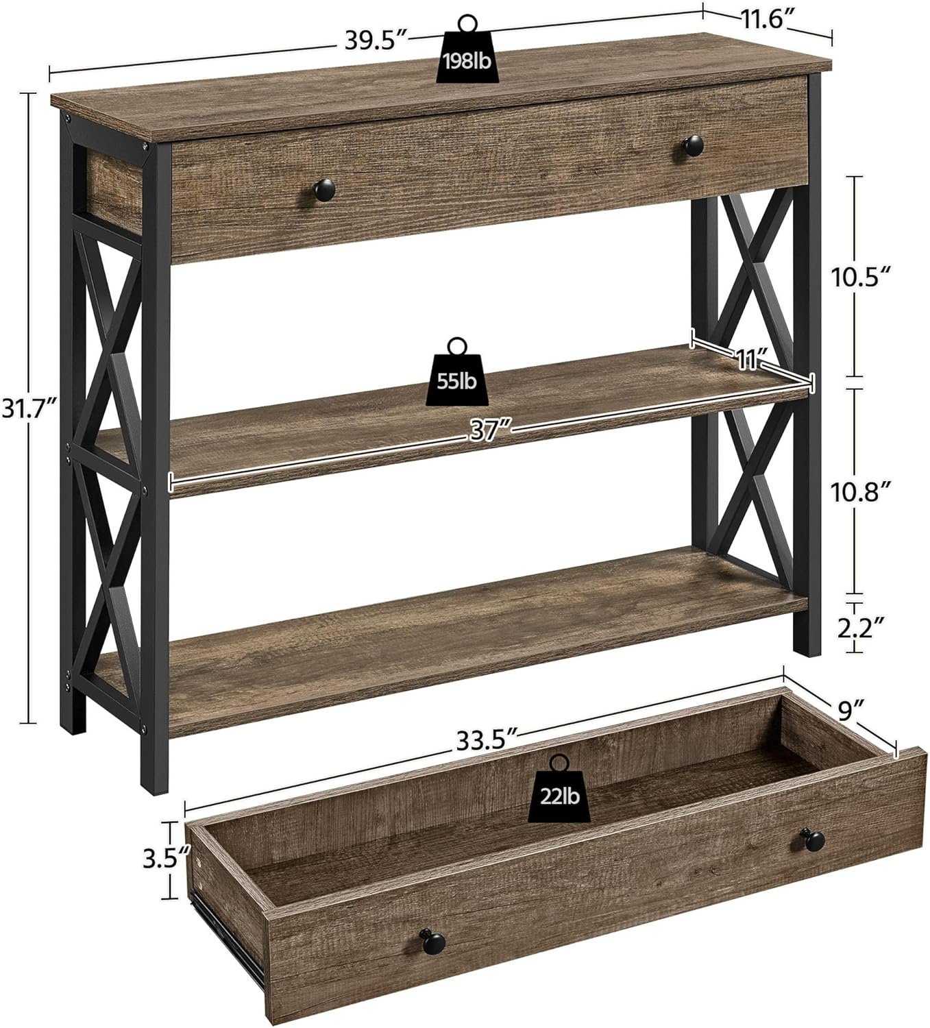 Yaheetech Console Table with Drawer and 2 Open Storage Shelves, Sofa Table for Living Room, 3-Tier Narrow Entryway Table, X-Shaped Design, Taupe Wood
