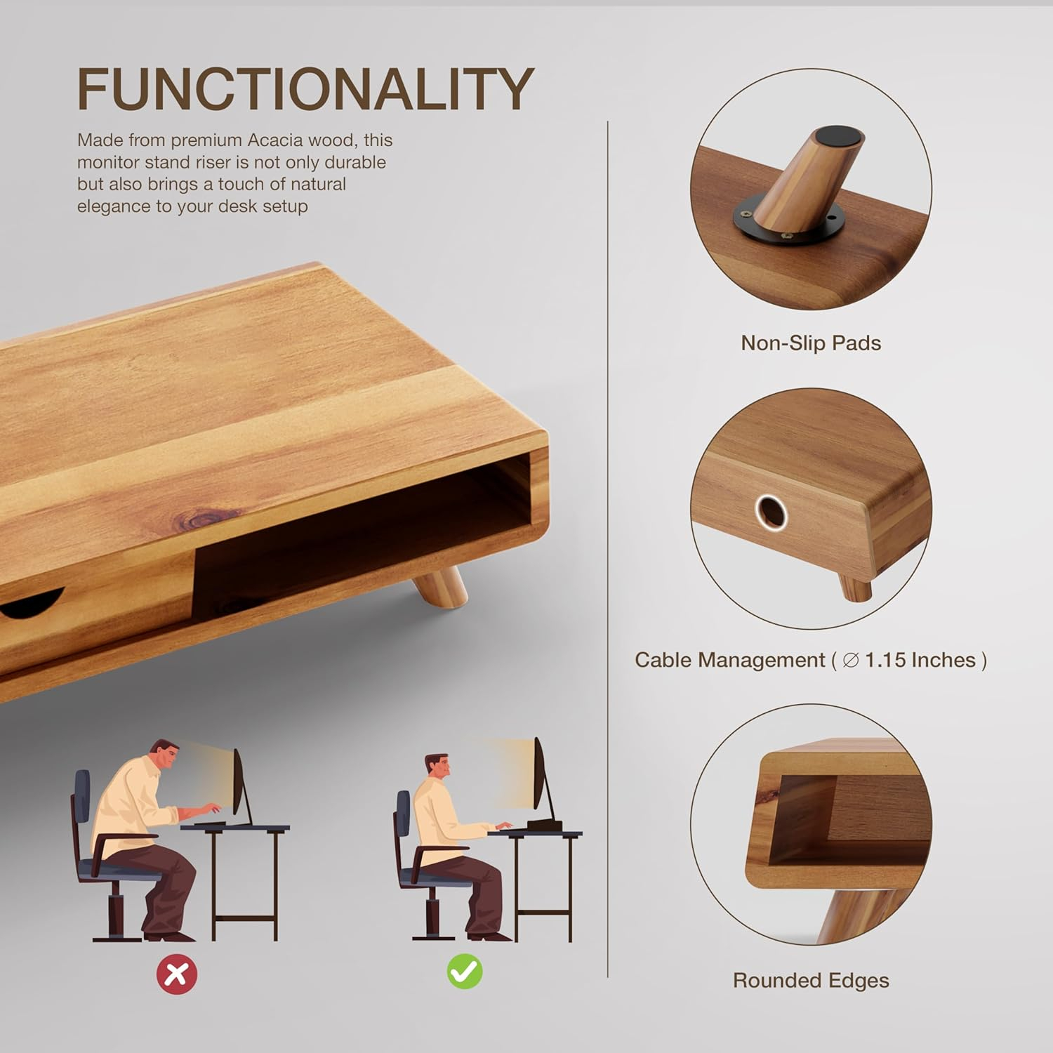 Acacia Wood Monitor Stand with Drawer and Shelf Organizers