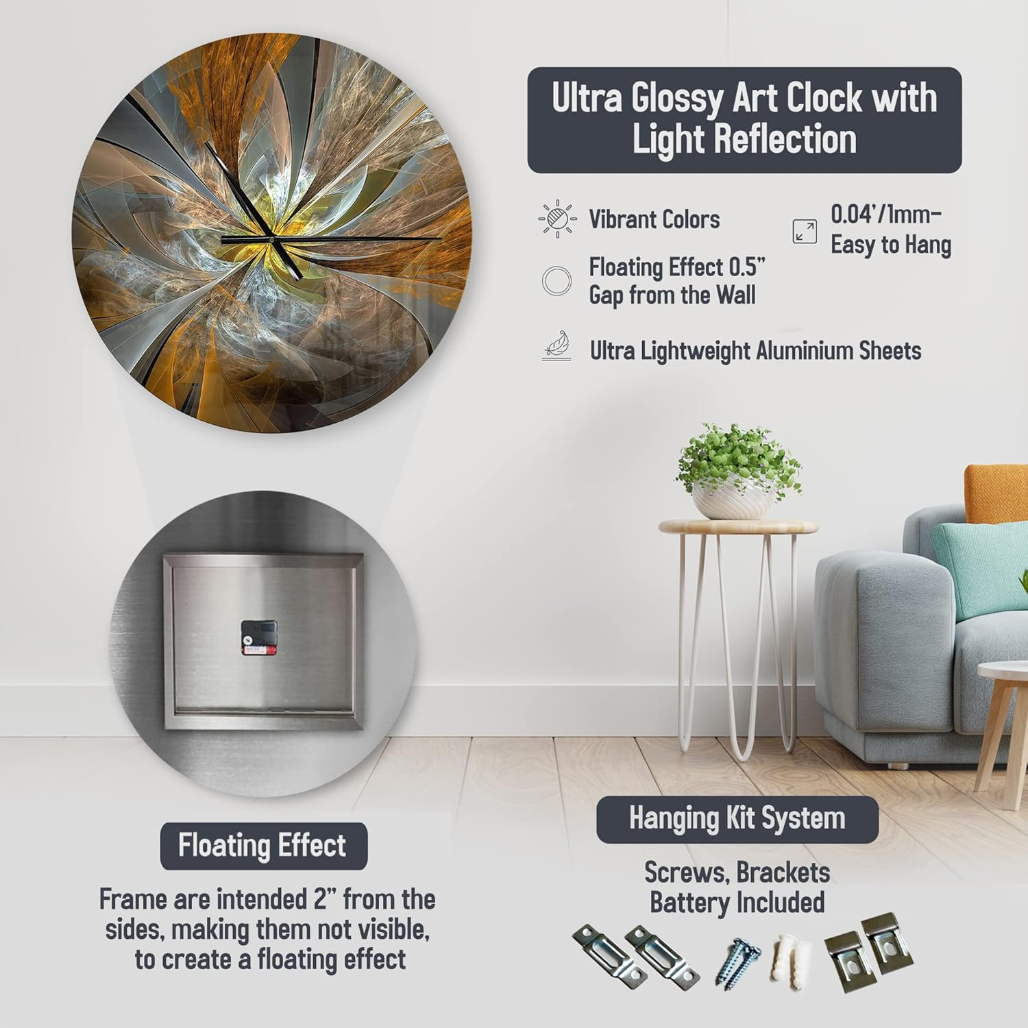 Designart 'Symmetrical Yellow Fractal Flower' Metal Wall Clock