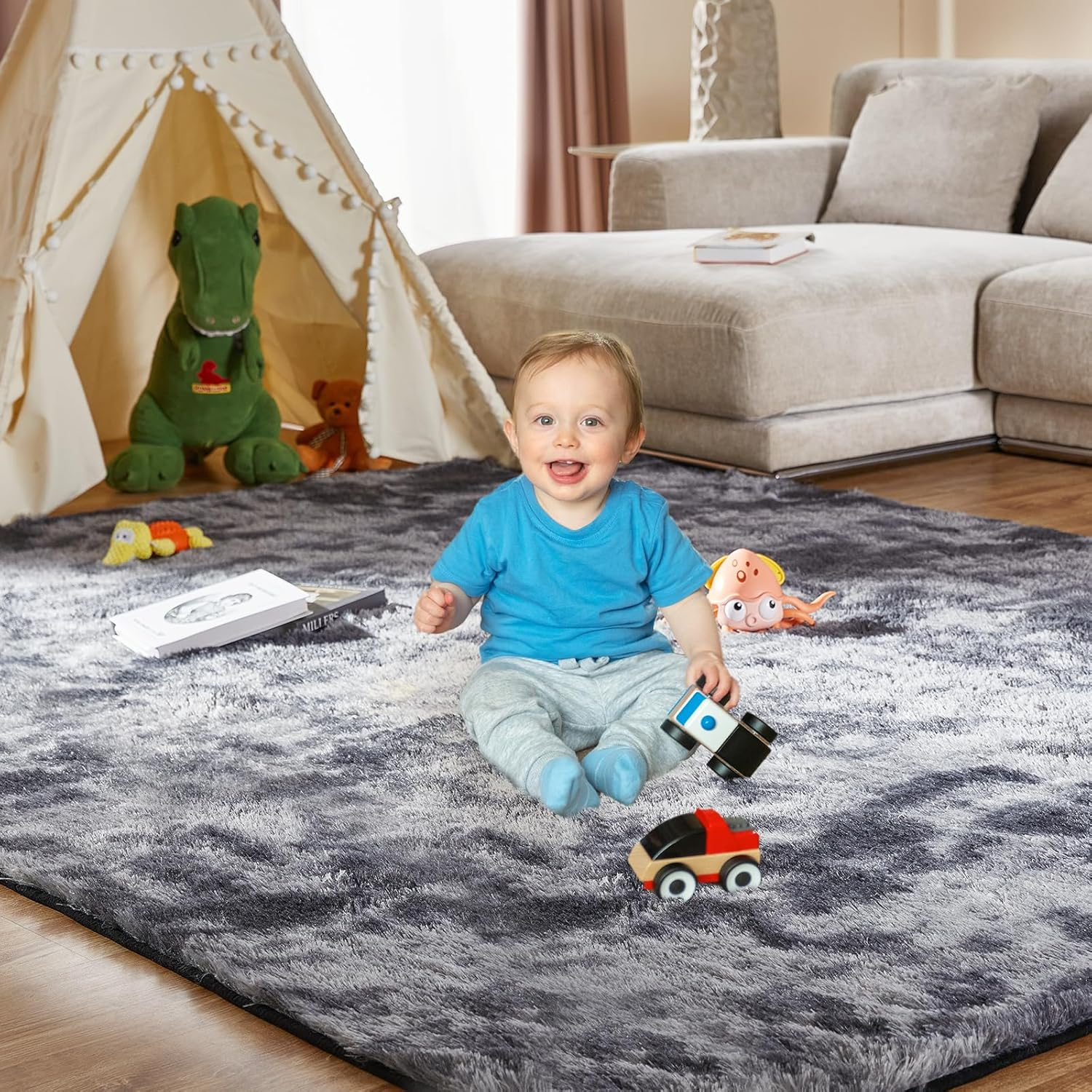 9X12 Feet High Pile Tie-Dye Rug, Dark Grey, Area Rug for Living Room, Plush Shag Carpet for Kids Room, Extra Large Fuzzy Rug, Soft Home Decor