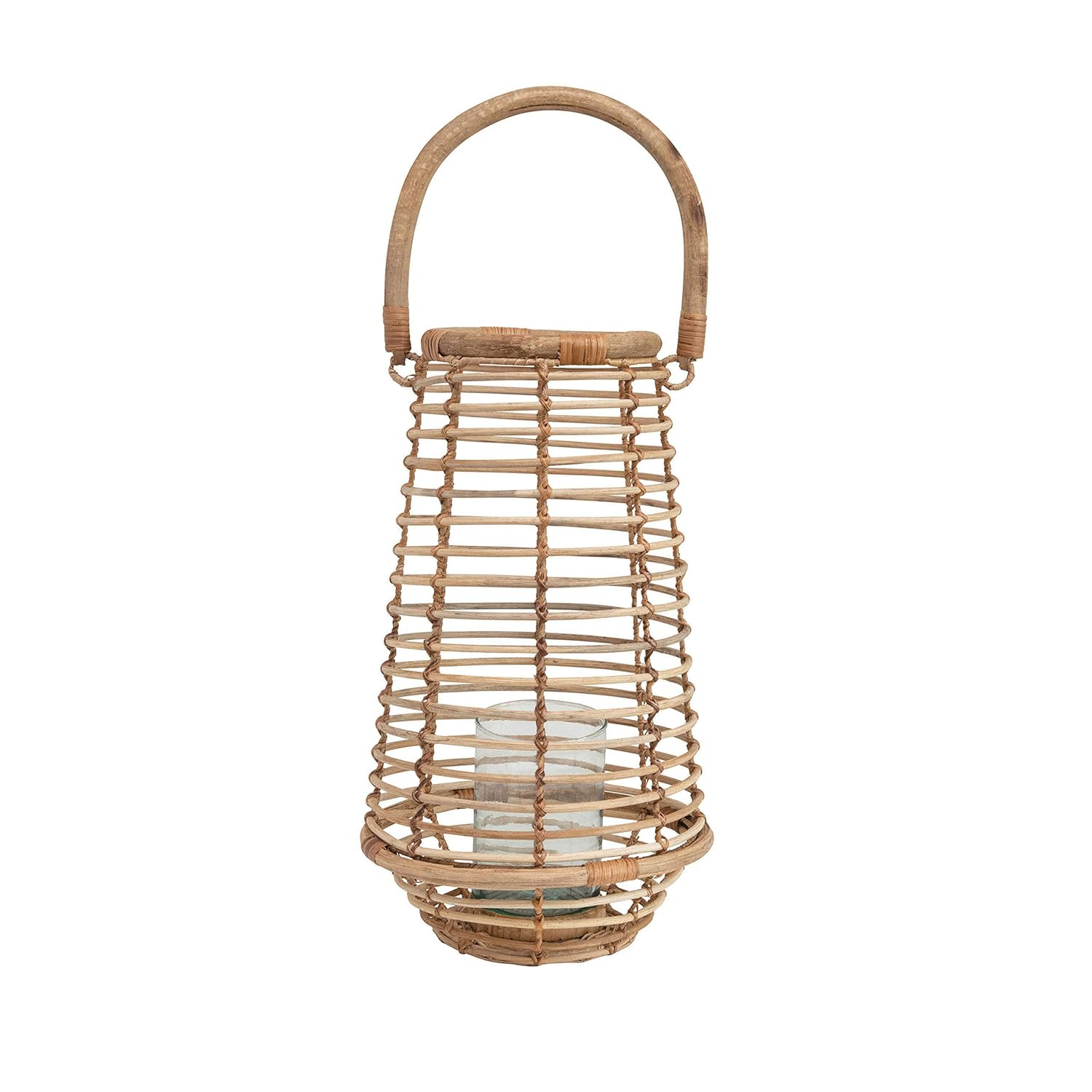 Bloomingville Handmade Rattan Tapered Lantern with Handle & Glass Insert, Natural (Holds 3" Pillar)