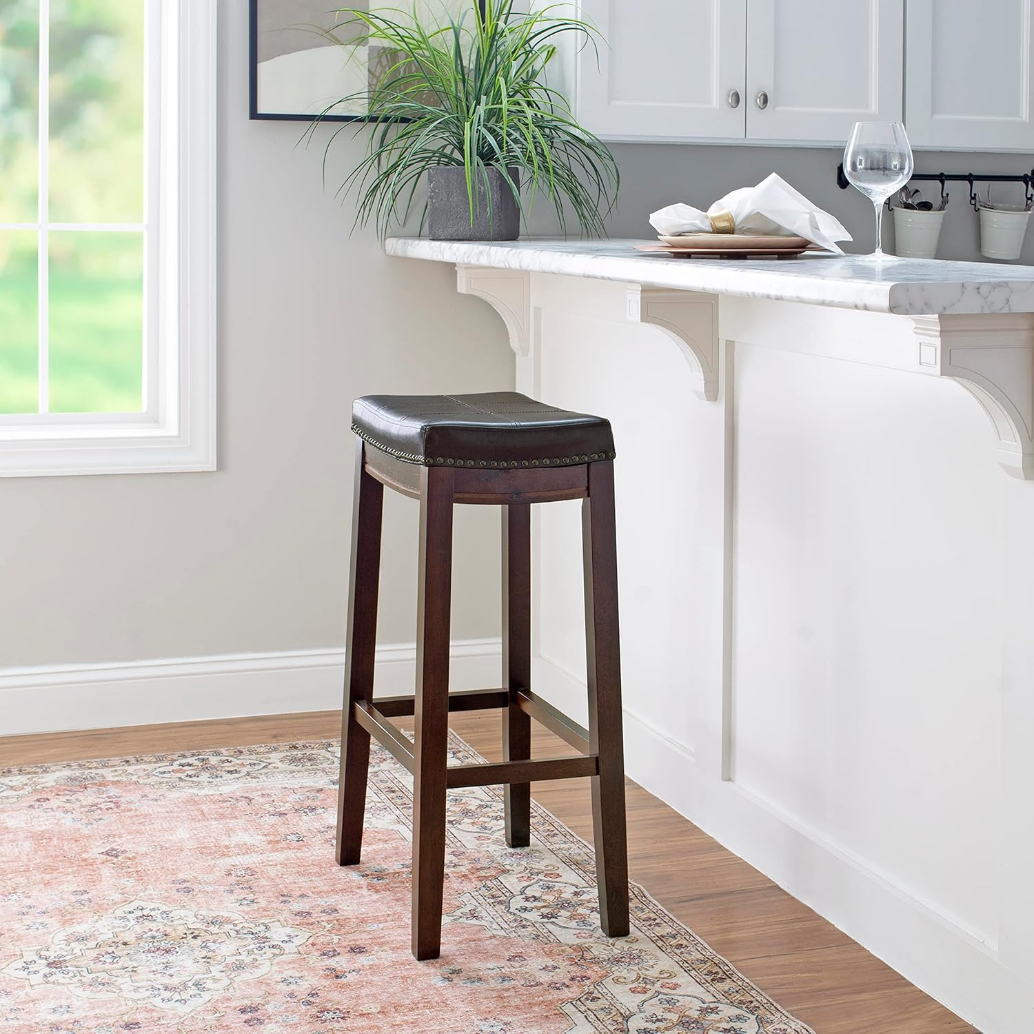 Linon Claridge Backless Wood Bar Stool, 32" Seat Height, Dark Brown Finish with Brown Faux Leather Fabric