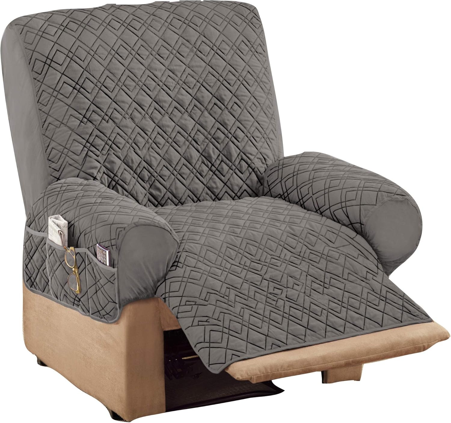 Collections Etc Diamond Quilted Stretch Recliner Cover with Storage Recliner Slate Gray