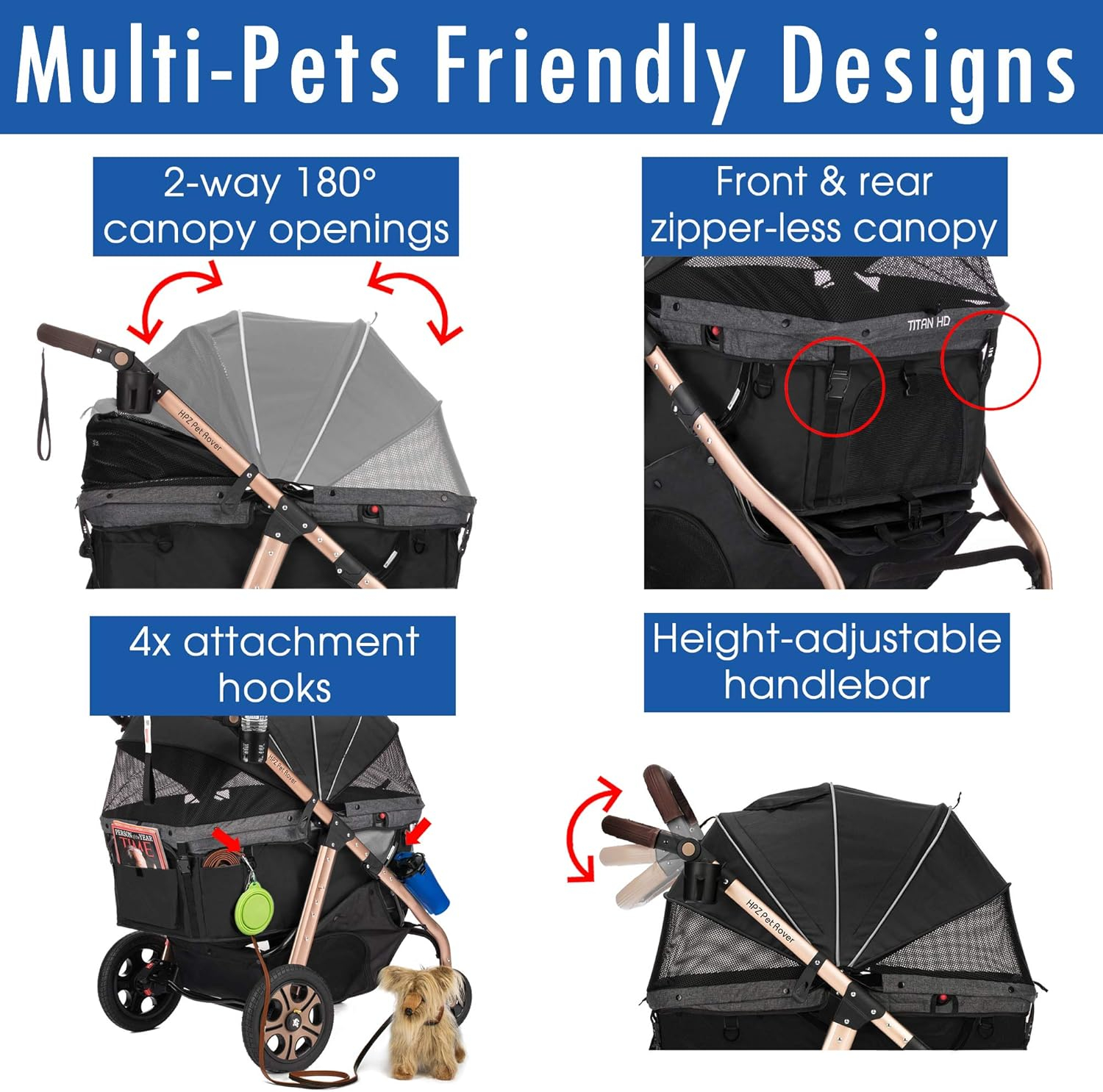 Titan-HD Black Aluminum Pet Stroller with Rubber Wheels